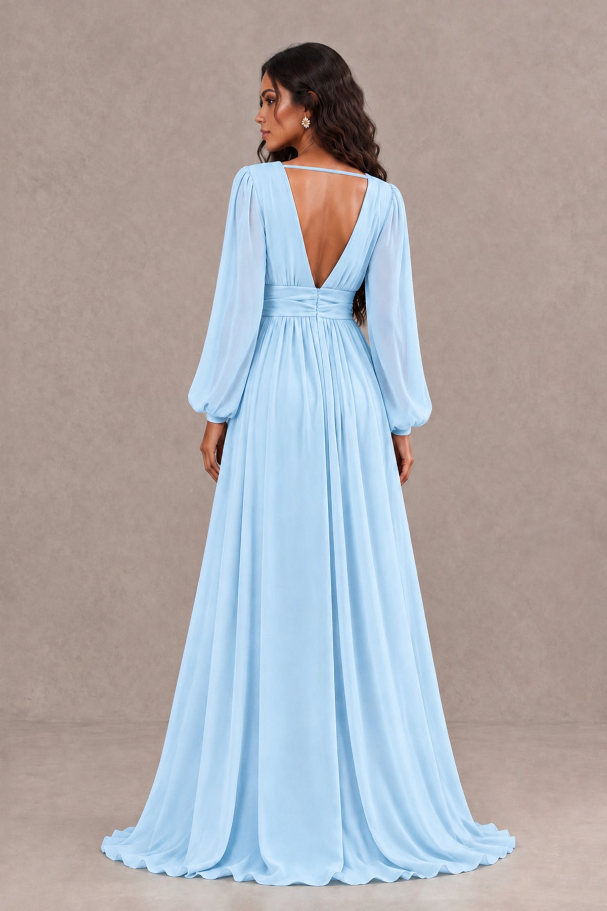 BOLODOO Light Blue Long Sleeve V-Neck A-Line Gown with Open Back & Slit - Light Blue - Light Blue_2