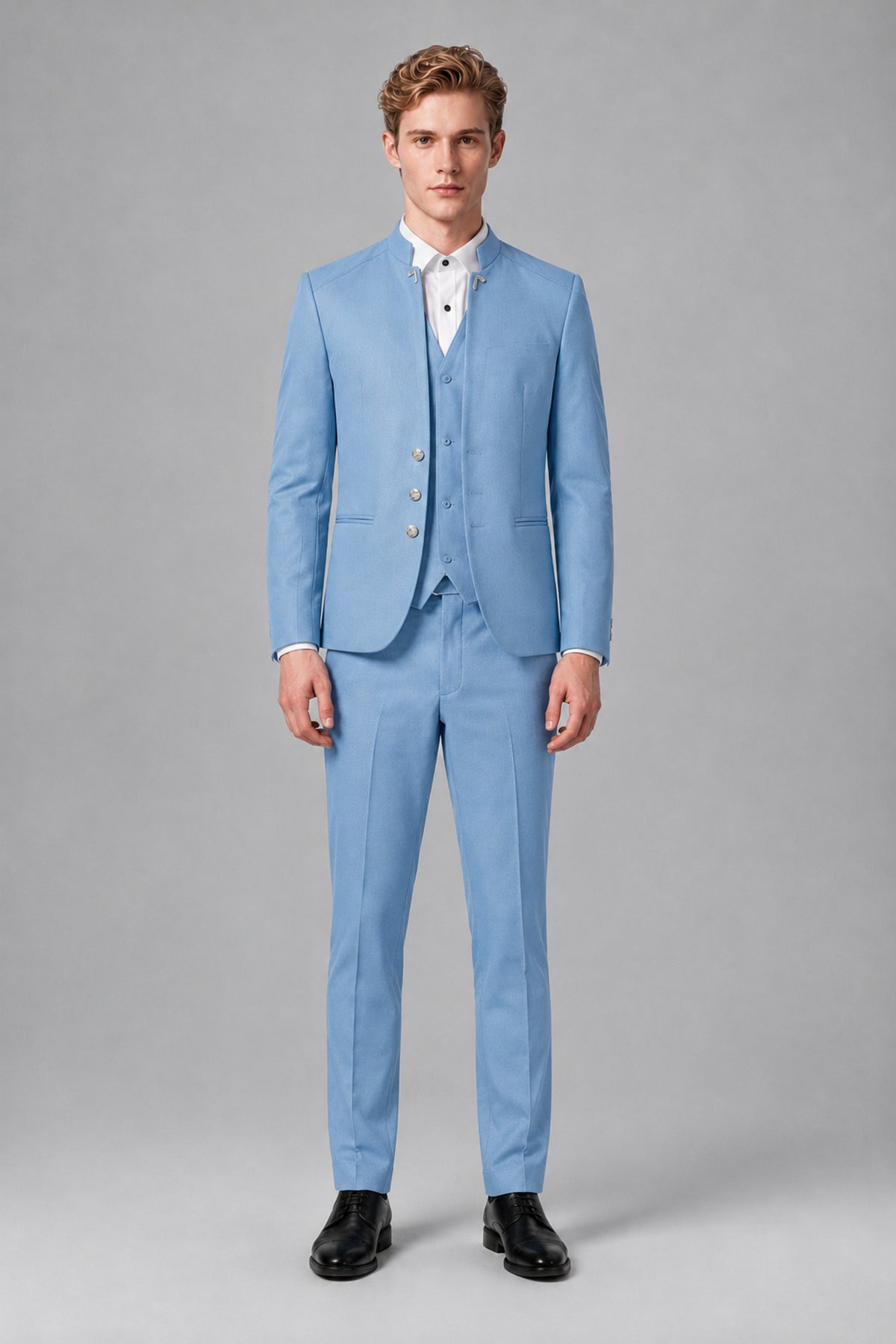 Mandarin Color:blue Bolodoo Men's Light Blue 3-Piece Suit – Mandarin Collar Jacket, Vest ...