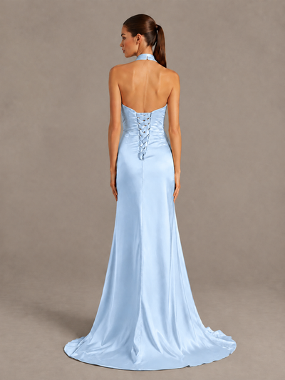 BOLODOO Light Blue Halter Satin Evening & Prom Dress with High Slit - Light Blue - Light Blue_2