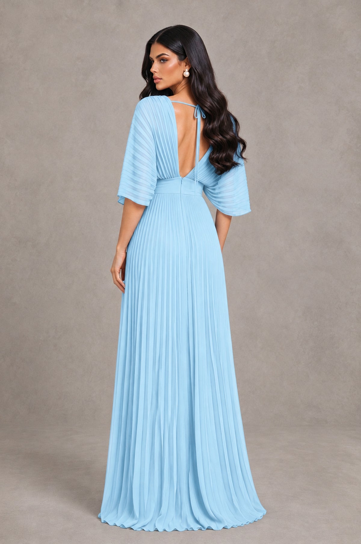 BOLODOO Light Blue V-Neck Pleated Flutter Sleeve Formal Dress - Light Blue - Light Blue_2