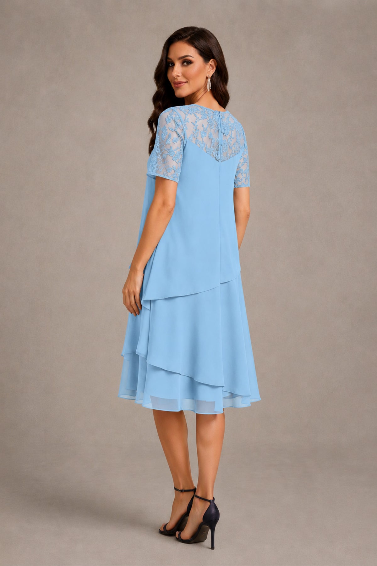BOLODOO Light Blue Illusion Lace Short Sleeve Tiered Chiffon Tea Length Dress | Mother of the Bride Midi Dress - Light Blue