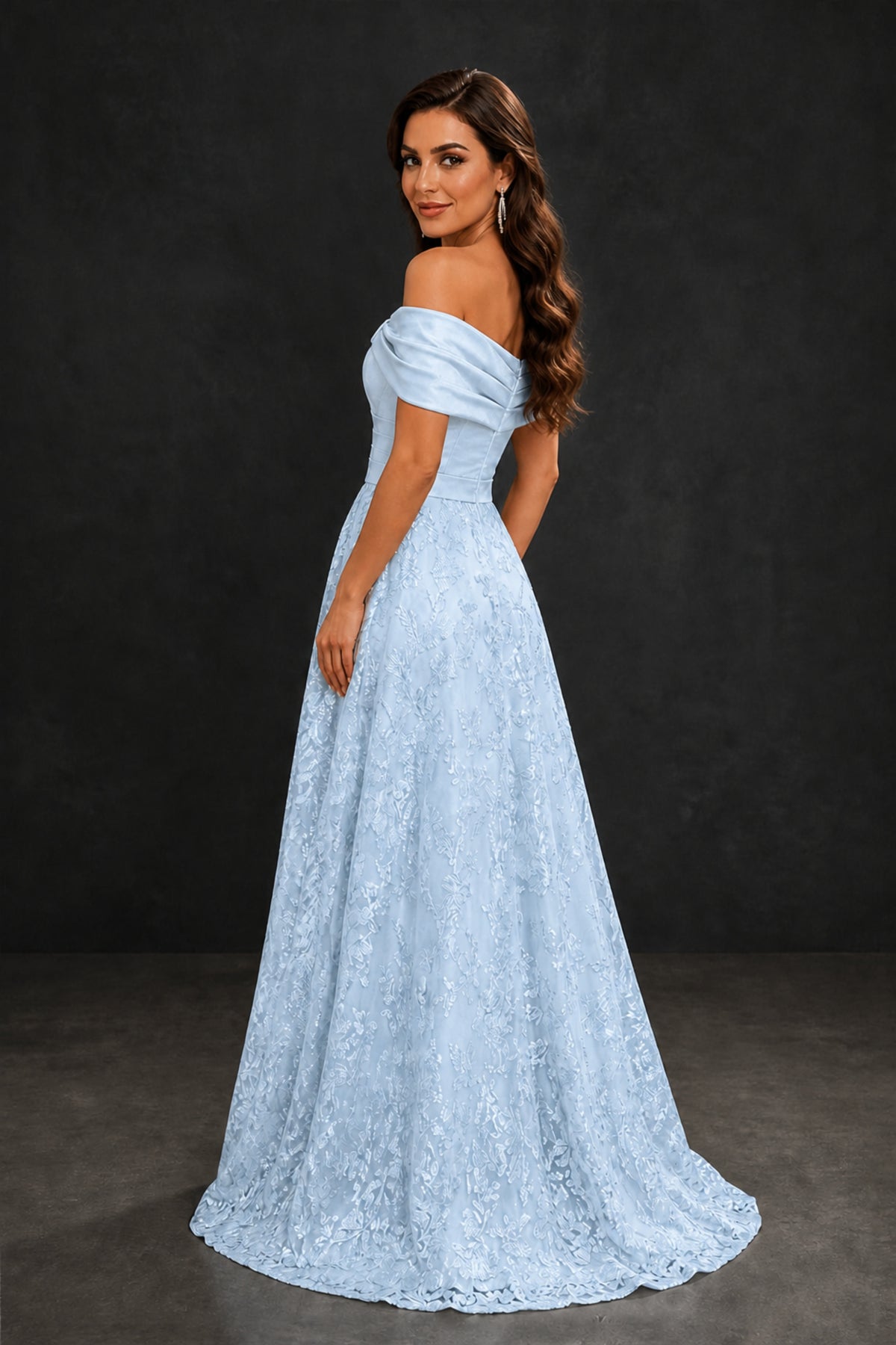 BOLODOO Light Blue Lace Glitter Off Shoulder Cap Sleeve A-Line Ball Gown with Train – Formal Evening Dress - Light Blue
