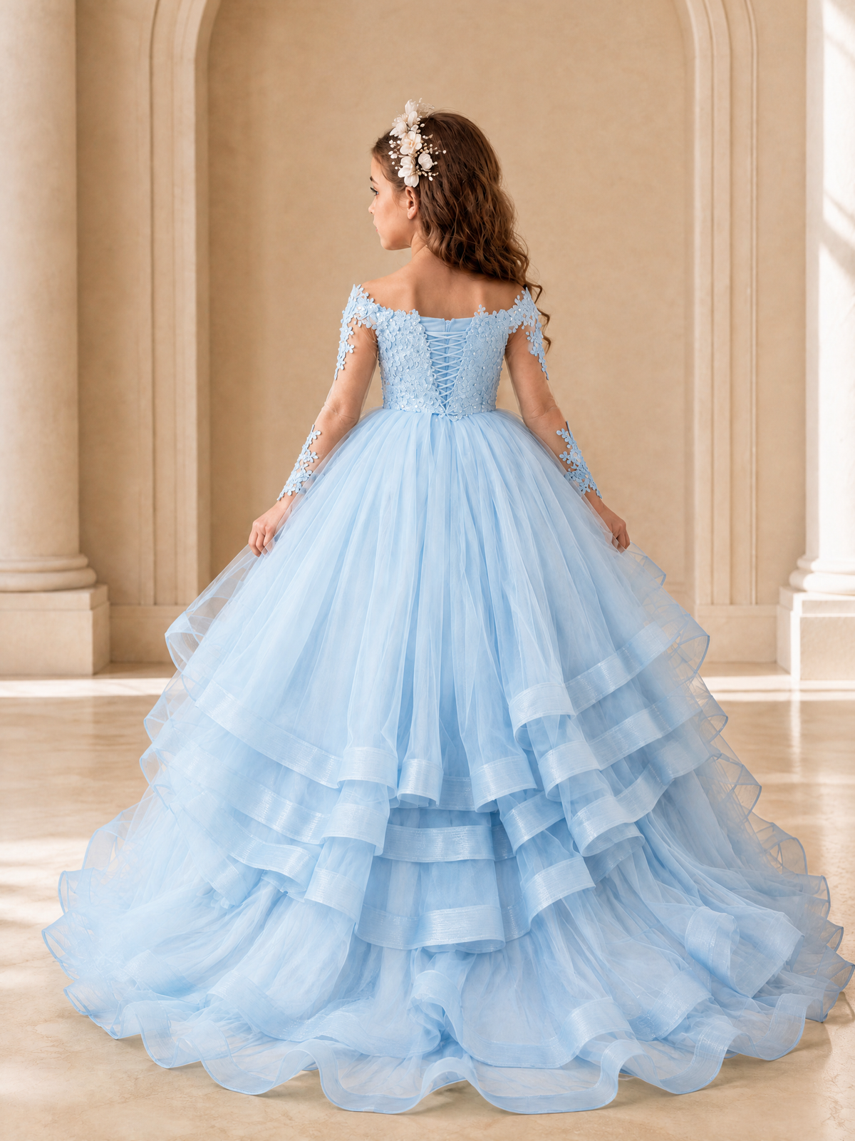 BOLODOO Light Blue Lace Long Sleeve Tiered Flower Girl Dress - Light Blue - Light_Blue_2