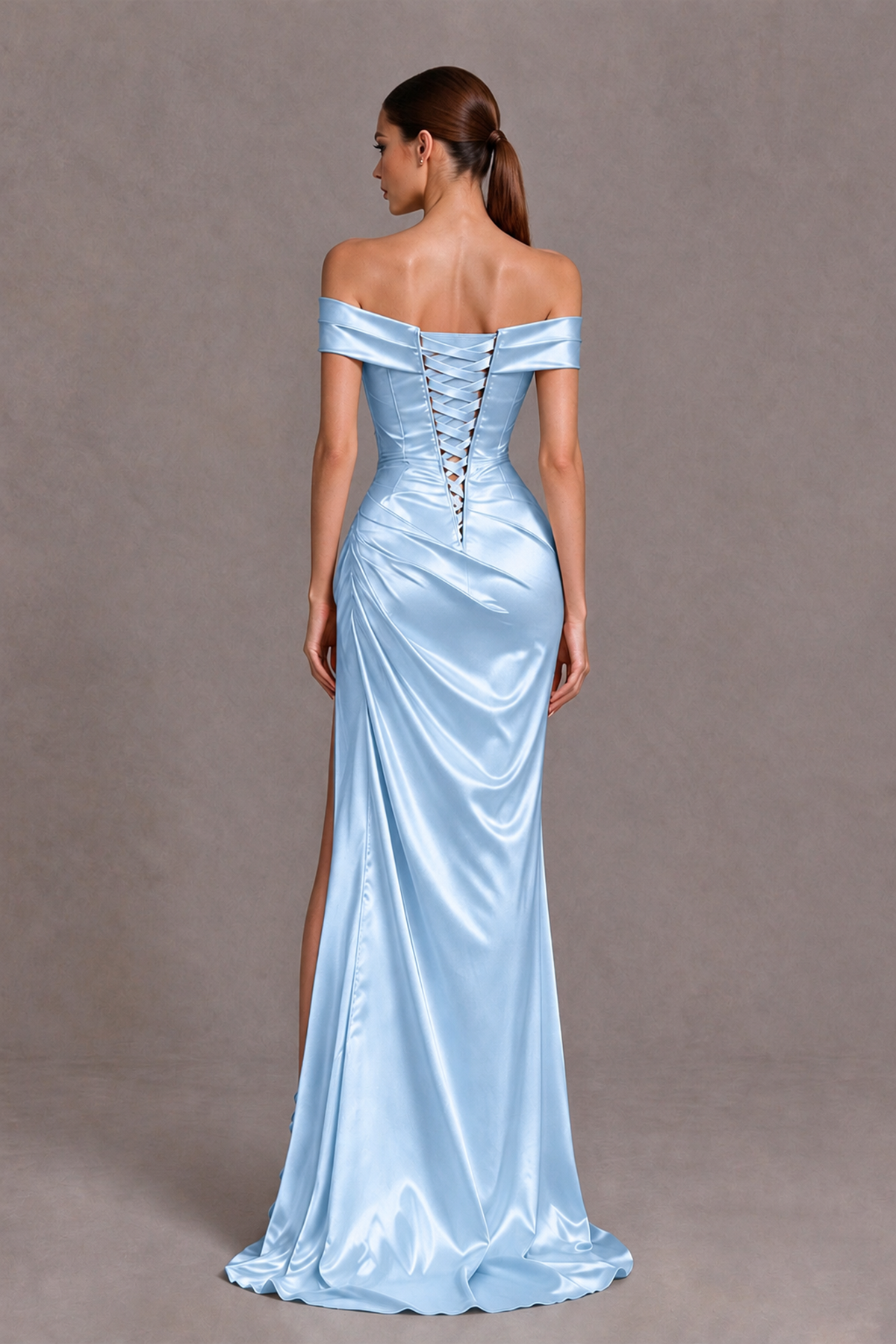 BOLODOO Light Blue Off-the-Shoulder Ruched Satin Prom & Evening Dress with High Slit - Light Blue - Light Blue_2