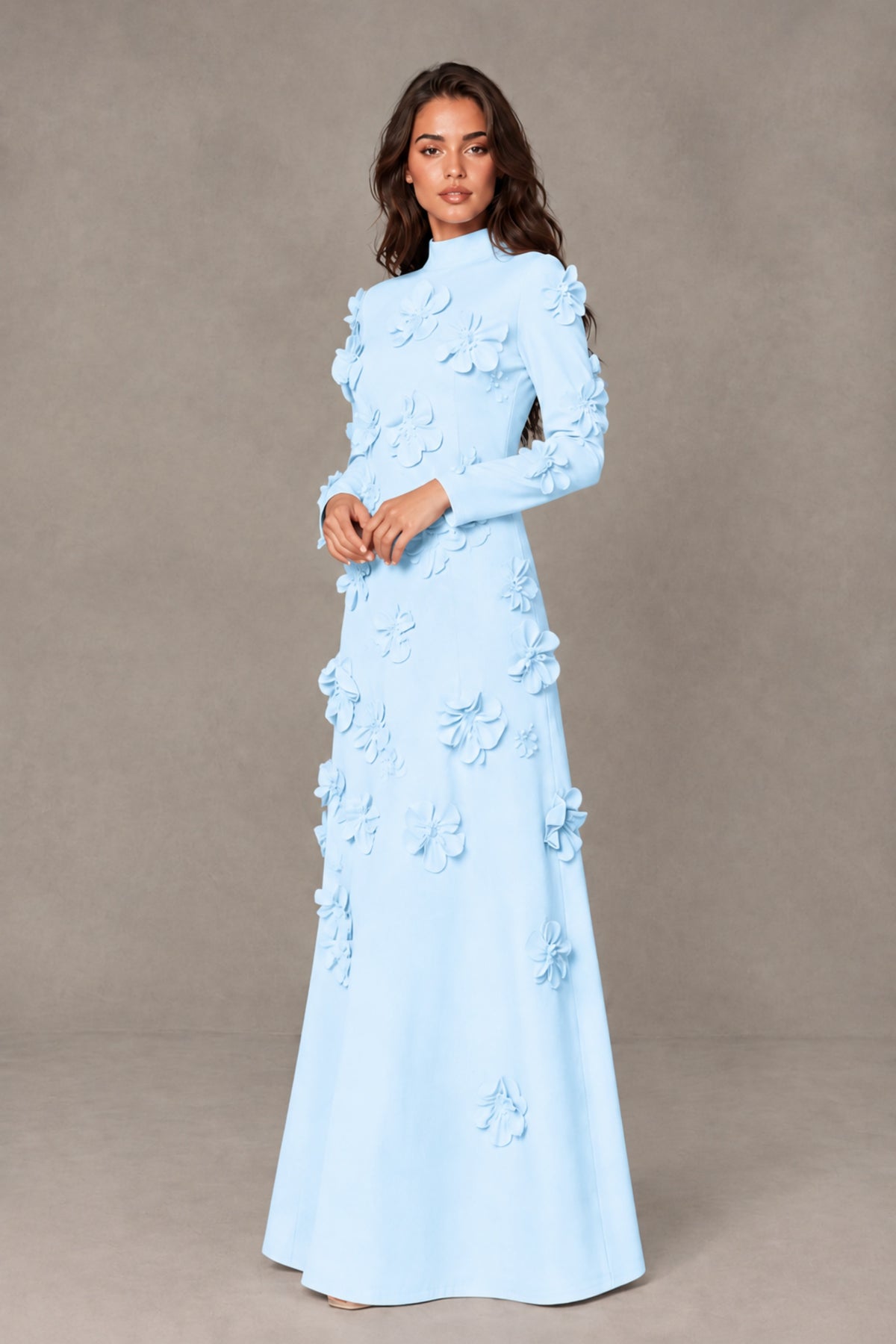 BOLODOO Light Blue High Neck Long Sleeve 3D Floral Evening Gown - Light Blue
