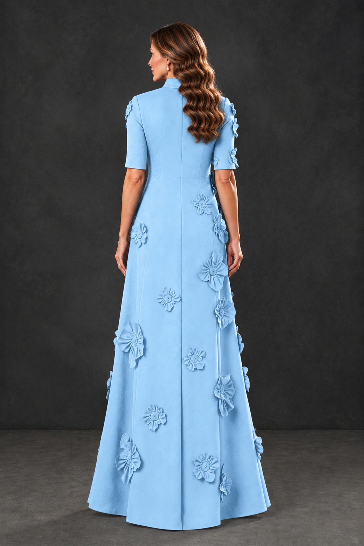 BOLODOO Light Blue Floral Applique High-Neck Half-Sleeve Gown - Light Blue - Light Blue_2