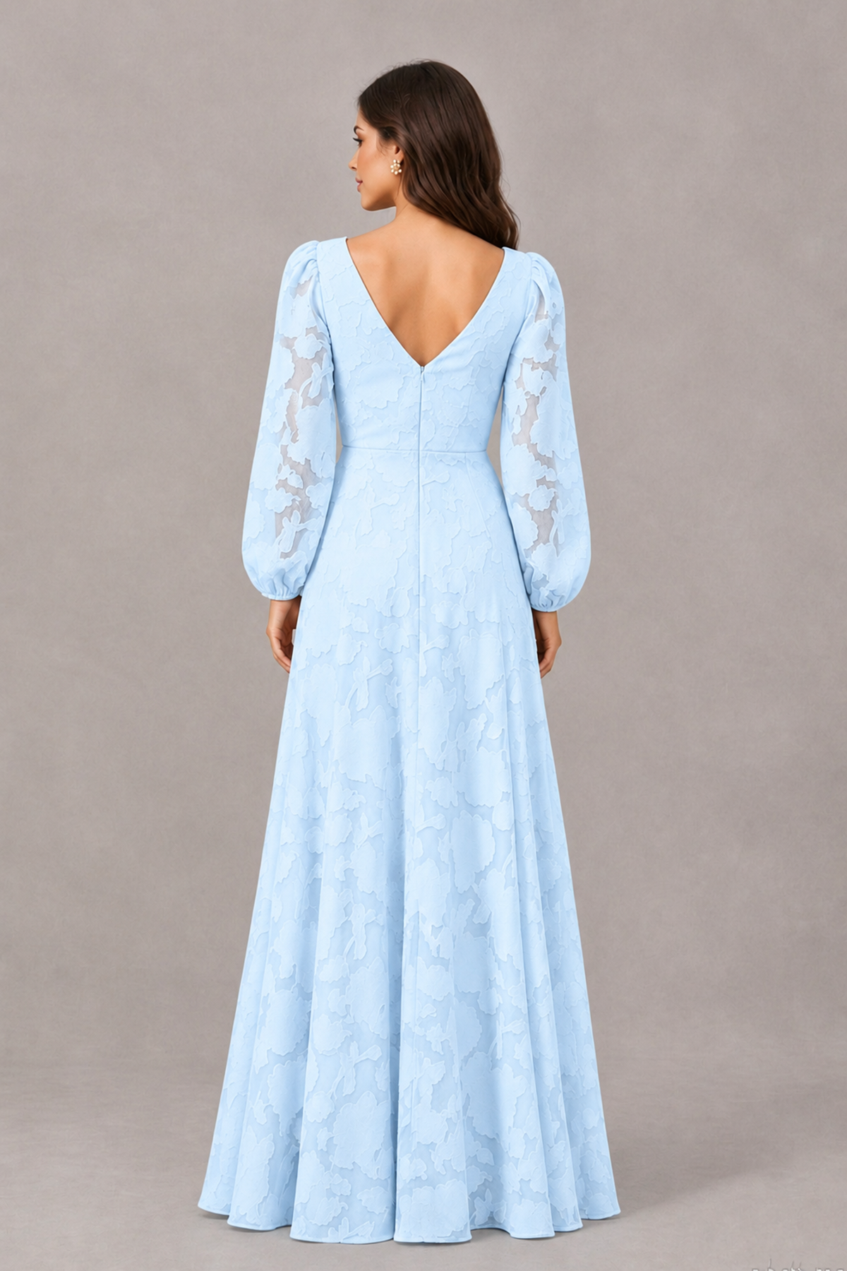 BOLODOO Light Blue Long Sleeve V-Neck A-Line Mother of the Bride Dress - Light Blue - Light Blue_2