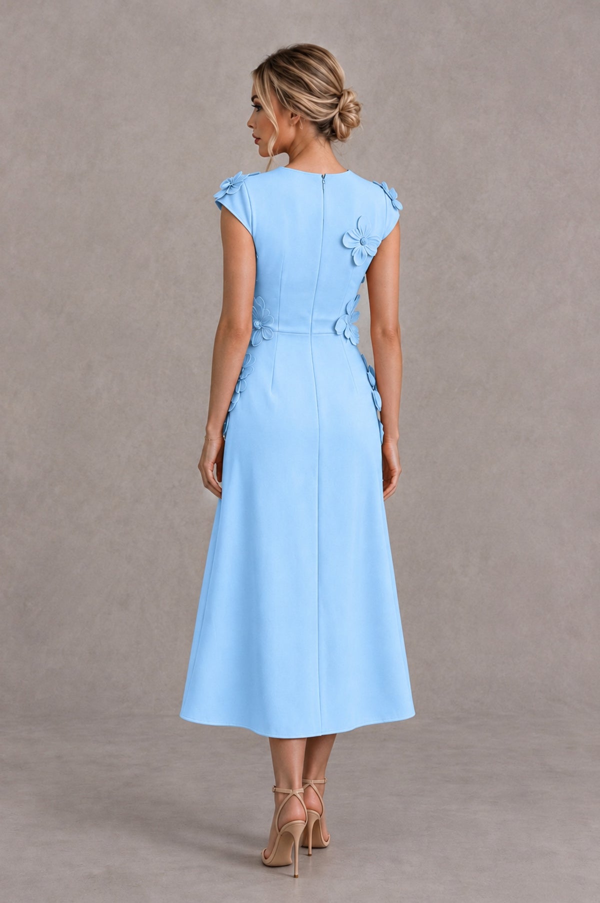 BOLODOO Light Blue 3D Floral Cap Sleeve Midi Cocktail Dress - Light Blue - Light Blue_2