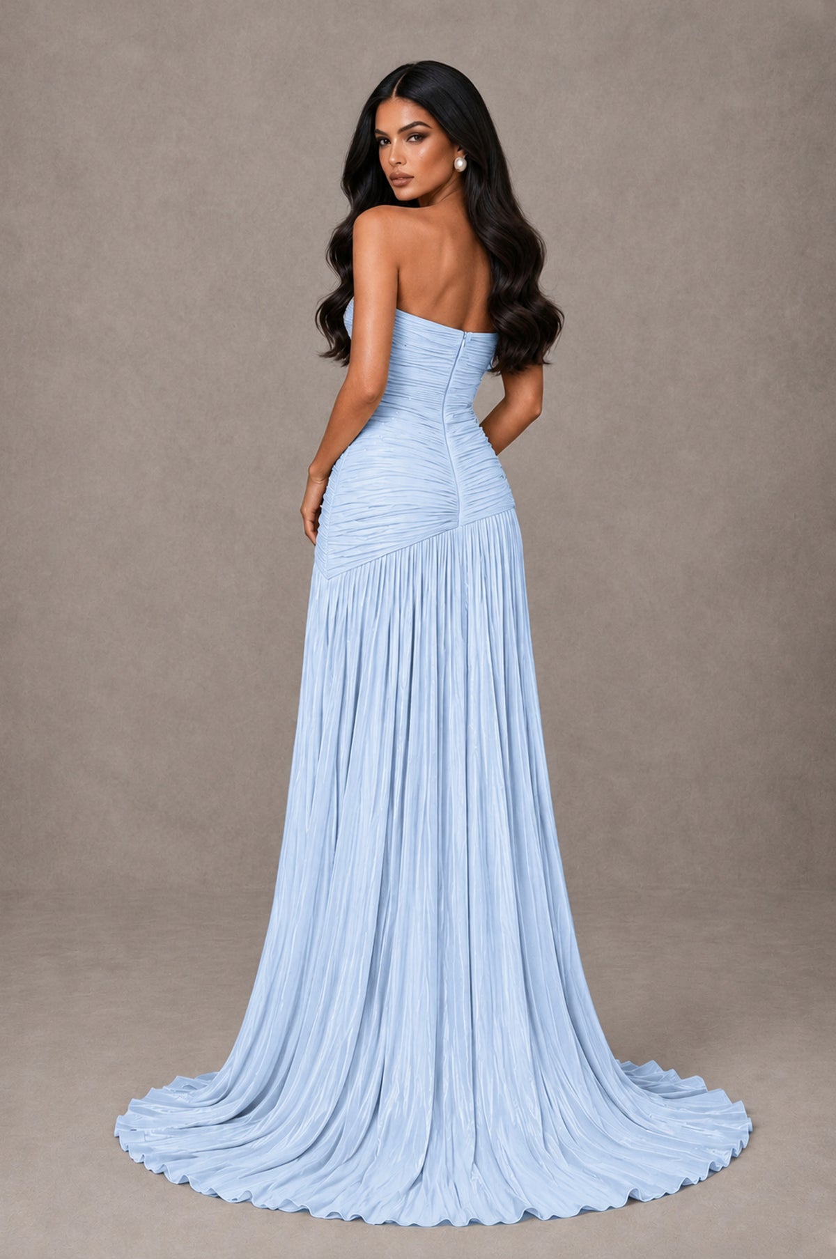 BOLODOO Light Blue Metallic Ruched Strapless Pleated A-Line Backless Maxi Dress with Train - Light Blue - Light Blue_2
