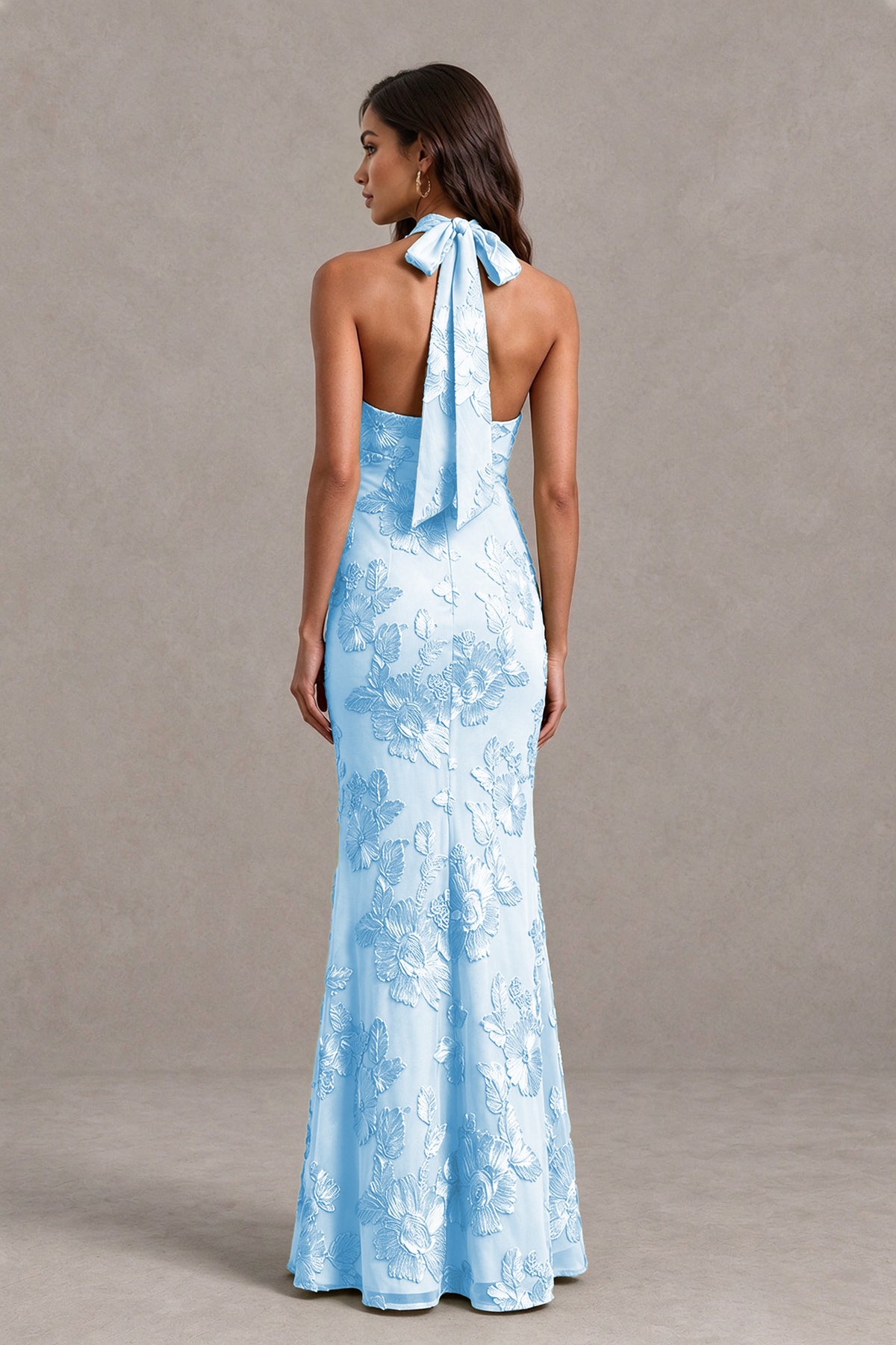 BOLODOO Light Blue Floral Jacquard Halter Maxi Dress - Light Blue - Light Blue(2)