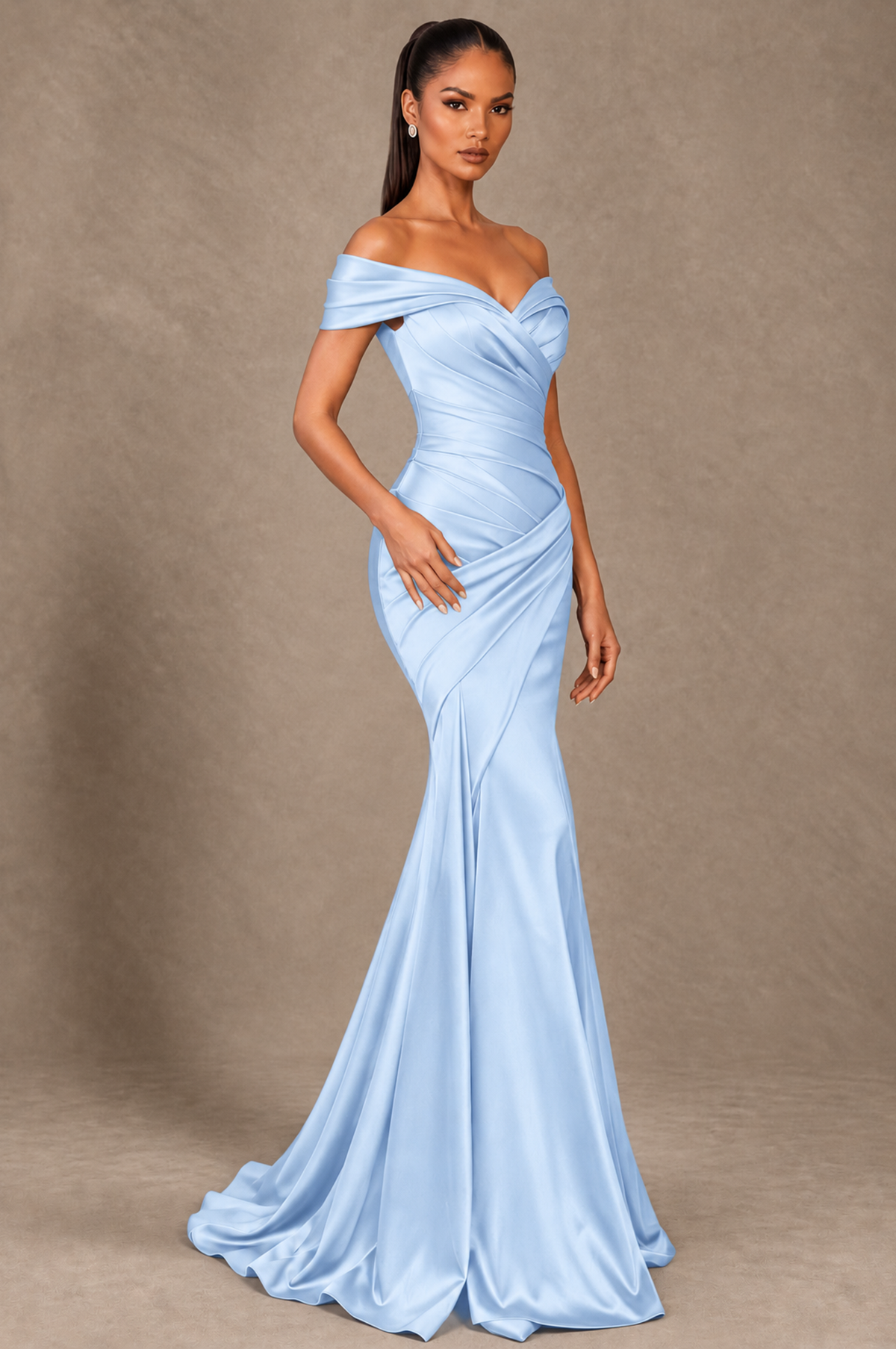 BOLODOO Light Blue Off-the-Shoulder Ruched Satin Mermaid Evening Dress - Light Blue - Light_Blue_2