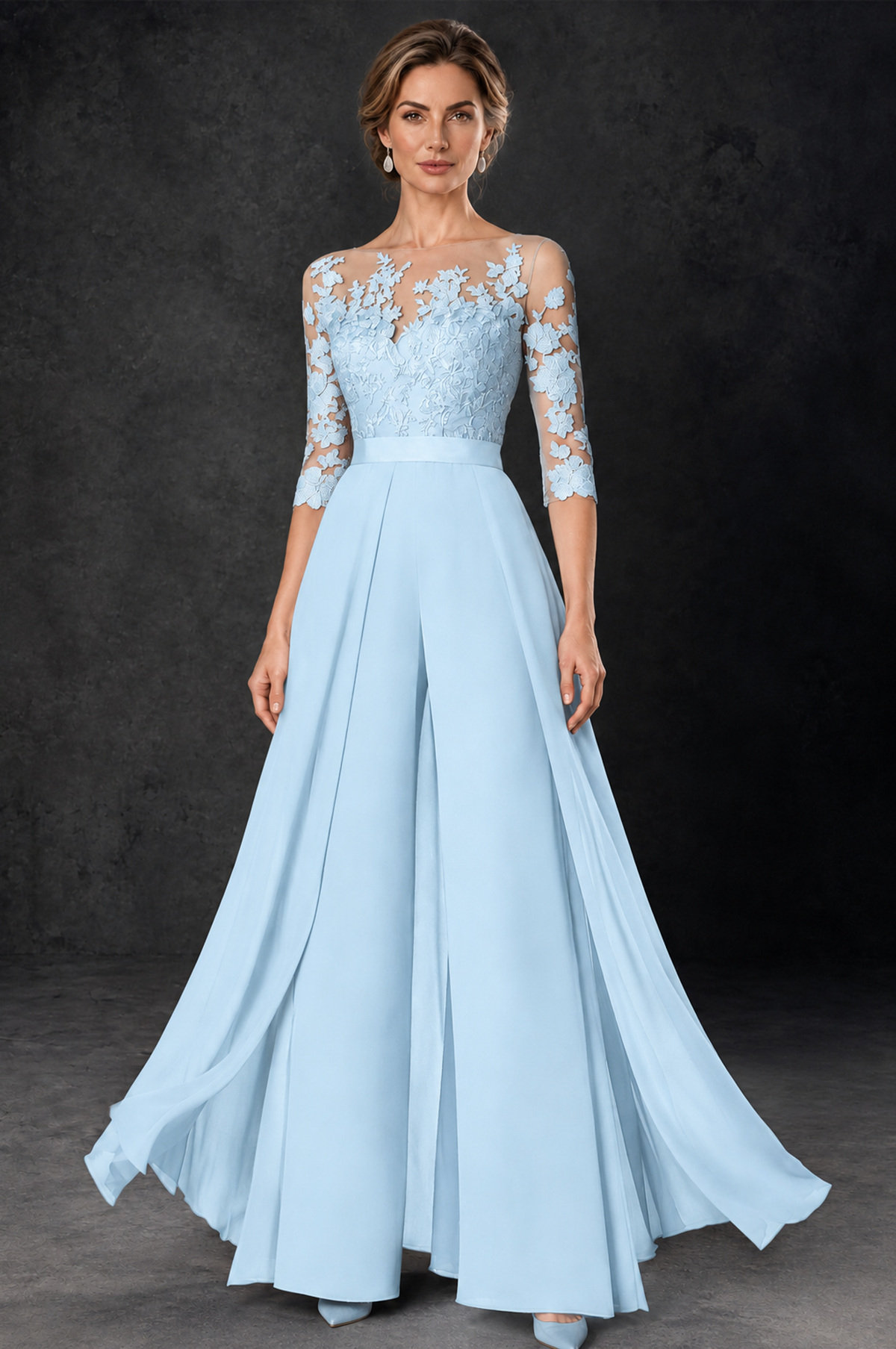 BOLODOO Light Blue Lace Wide-Leg Jumpsuit with Three-Quarter Sleeves - Light Blue - Light_Blue_2