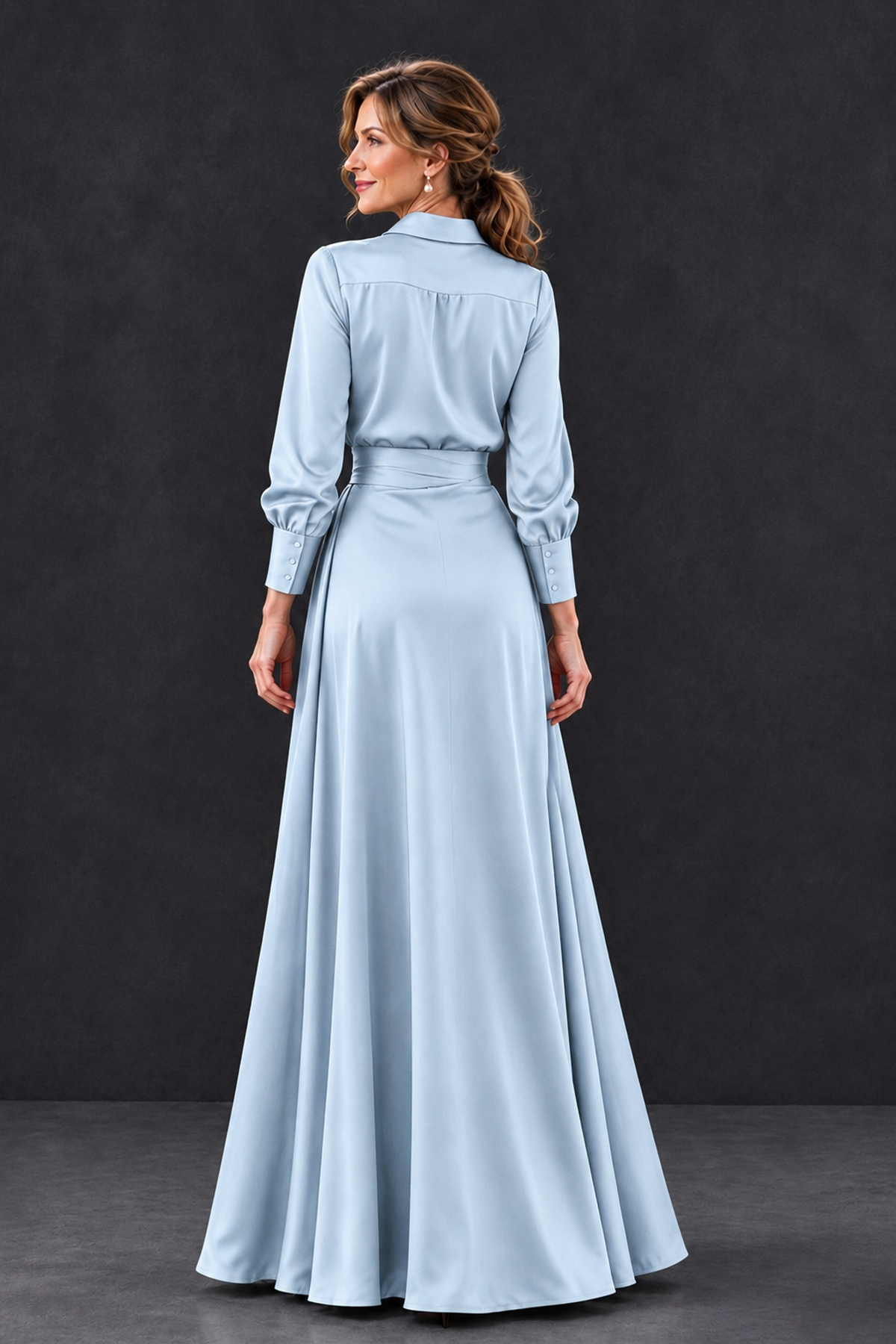 BOLODOO Light Blue Long Sleeve Satin-Look Lace Panel Gown - Light Blue - Light Blue_2