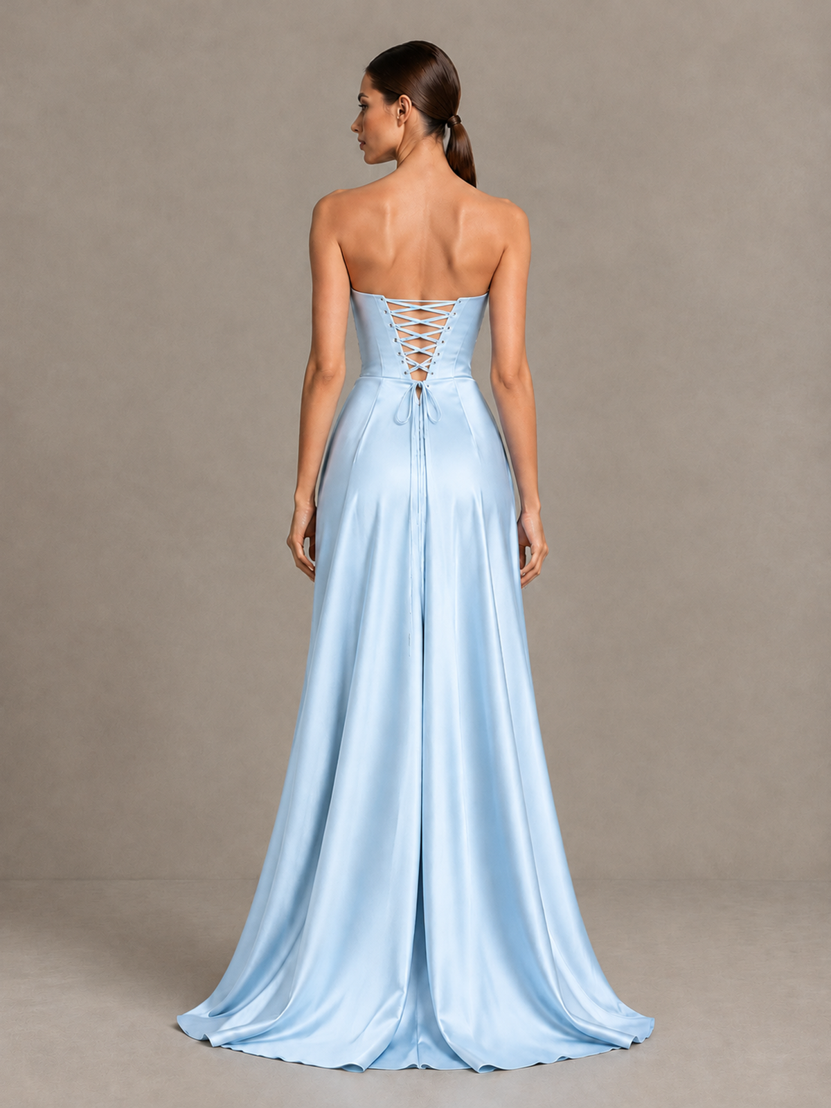 BOLODOO Light Blue Strapless Satin High-Slit Lace-Up Prom Dress - Light Blue - Light Blue_2