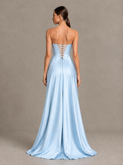 BOLODOO Light Blue Strapless Satin High-Slit Lace-Up Prom Dress - Light Blue - Light Blue_2