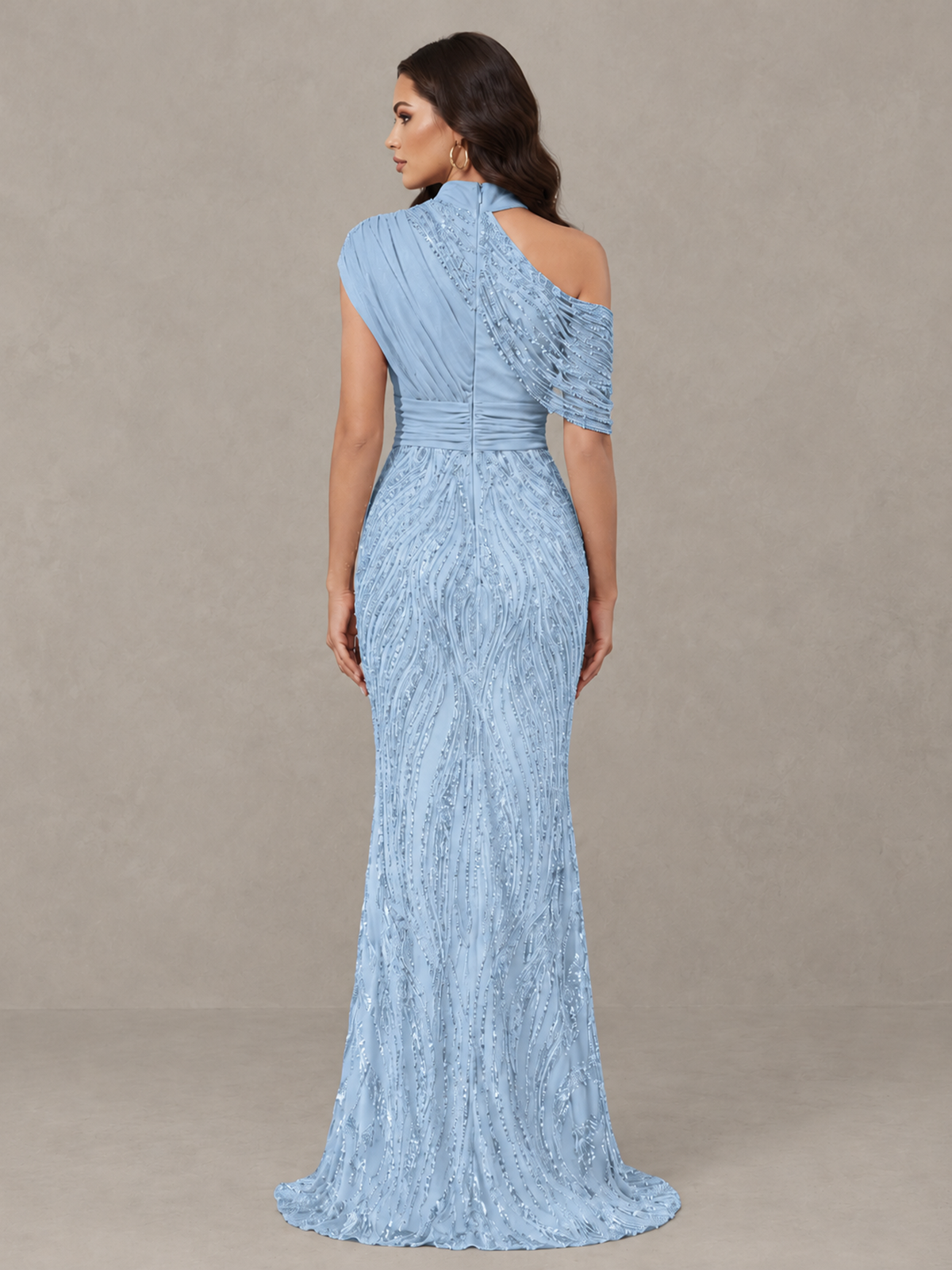 BOLODOO Light Blue High Neck Draped Sequin Mermaid Evening Gown - Light Blue - Light Blue_2