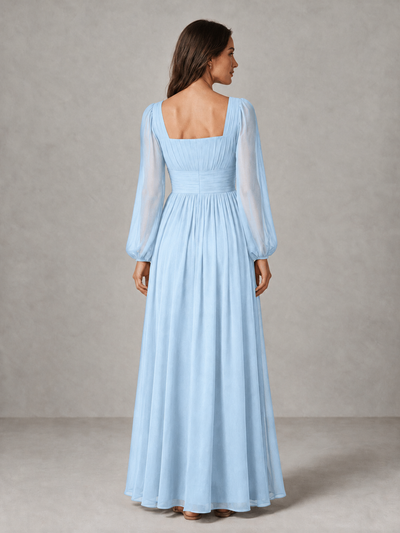 BOLODOO Light Blue Square Neck Long Sleeve Chiffon Bridesmaid Dress - Light Blue - Light Blue_2