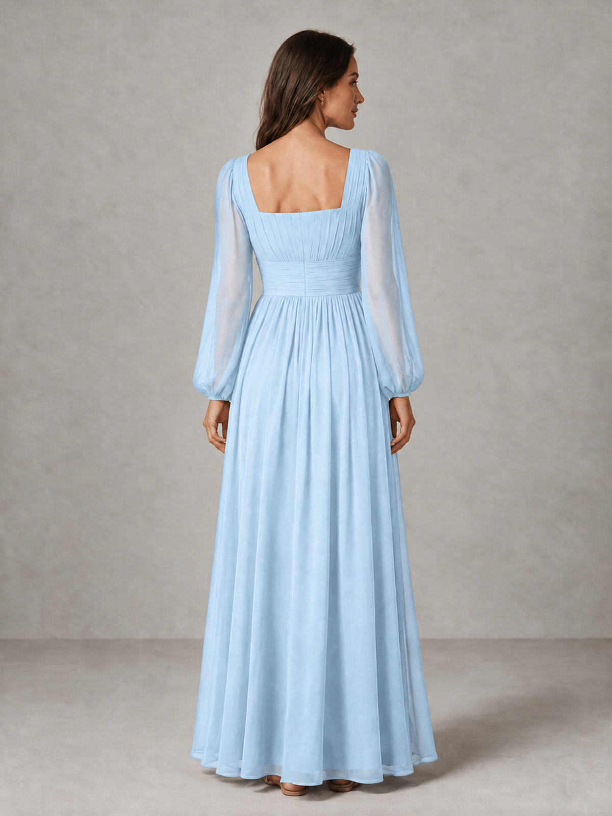 BOLODOO Light Blue Square Neck Long Sleeve Chiffon Bridesmaid Dress - Light Blue - Light Blue_2