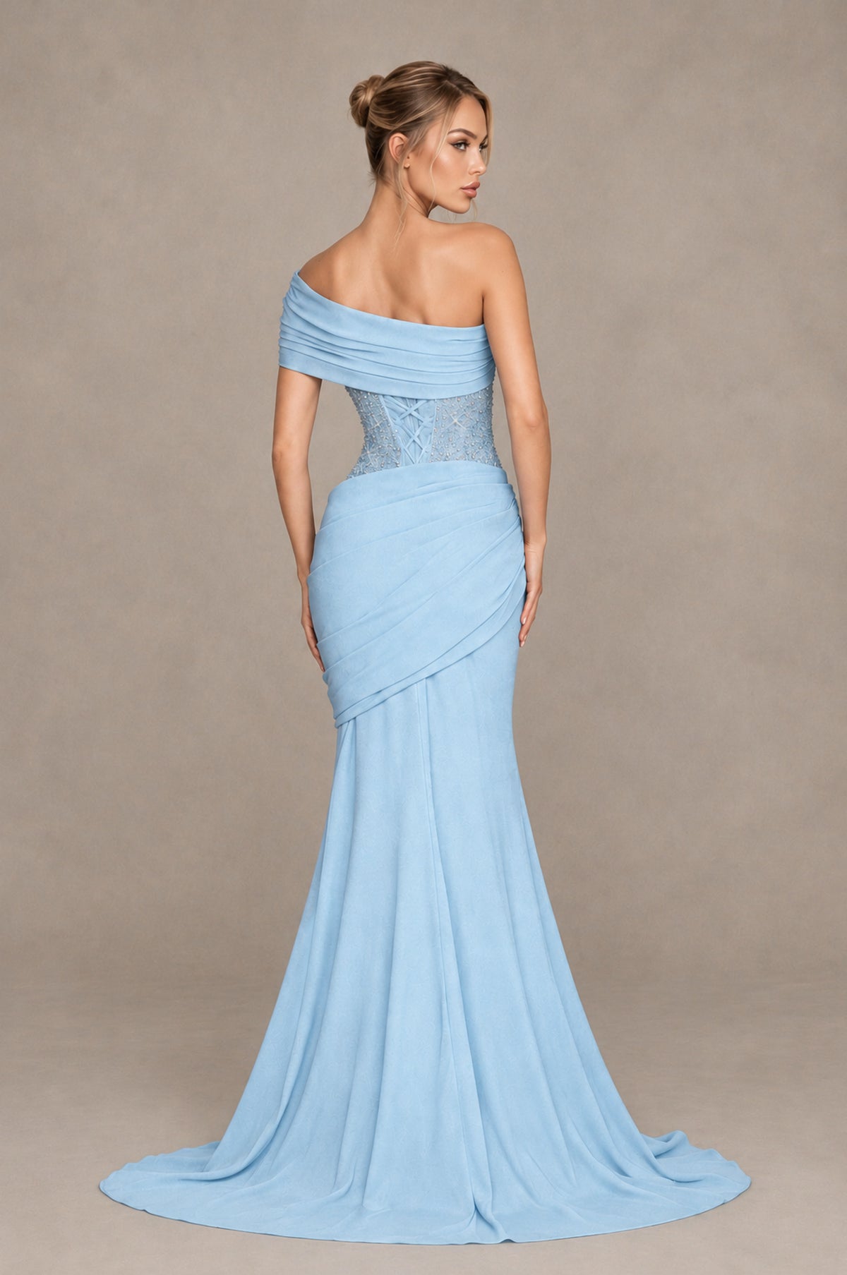 BOLODOO Light Blue One-Shoulder Sequin Embroidered Ruched Mermaid Gown with Train - Light Blue - Light Blue_2
