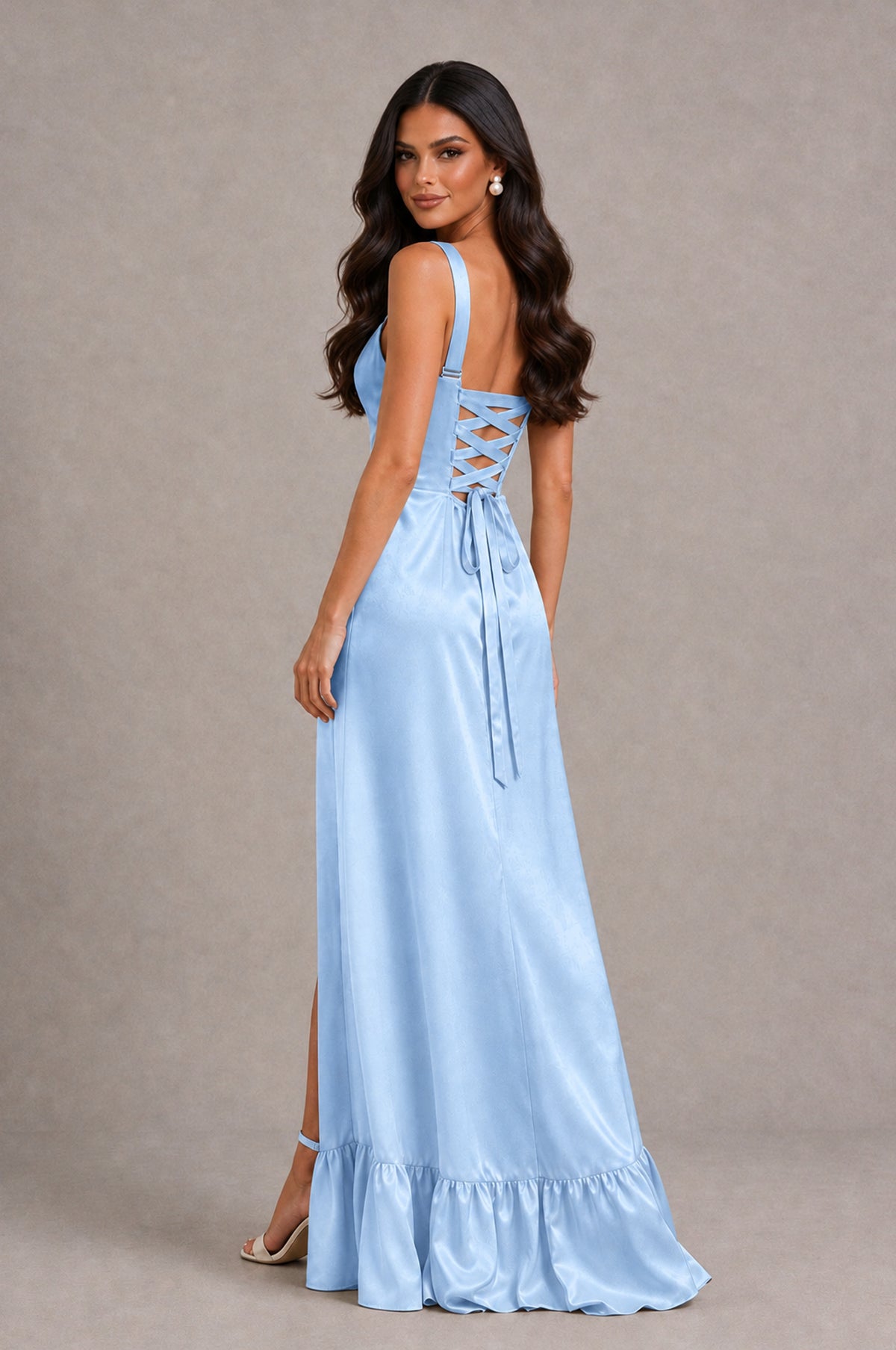 BOLODOO Light Blue Square Neck Satin Evening Dress with Lace-Up Back and High Slit - Light Blue - Light Blue_2