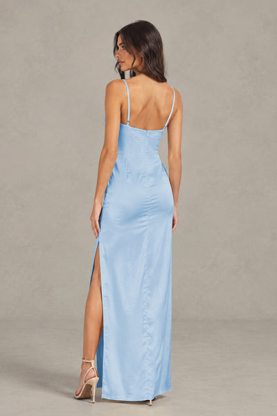 BOLODOO Light Blue Satin Cowl Neck Open Back Mermaid Maxi Dress with Side Slit - Light Blue