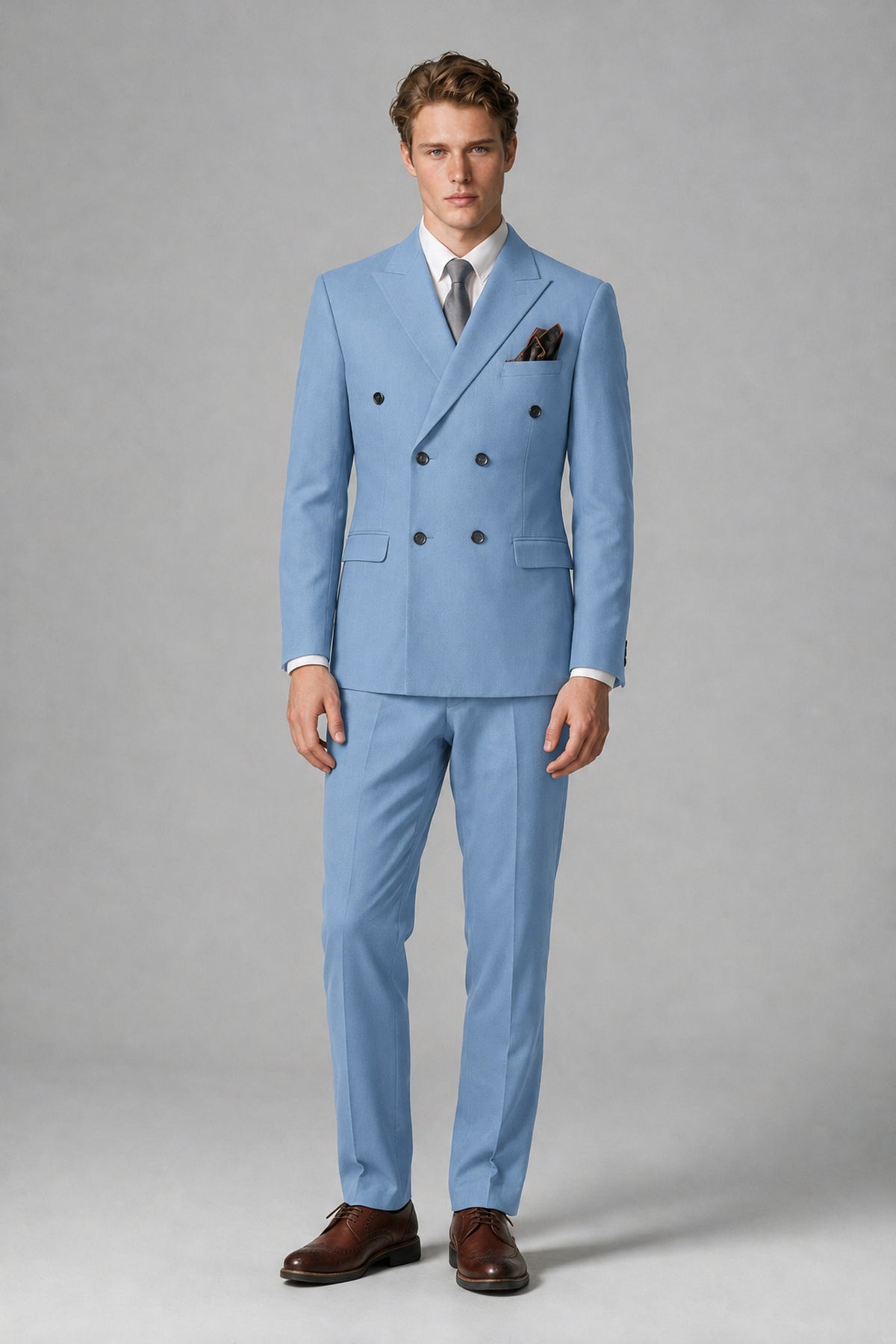 Bolodoo Men's Light Blue Double-Breasted Two-Piece Suit with Peak Lapels - Light Blue - Light Blue_2