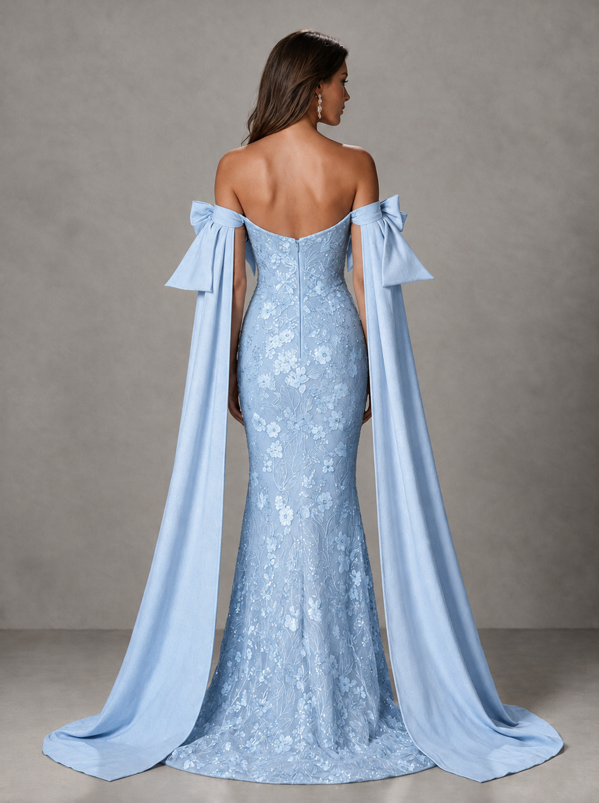 BOLODOO Light Blue Floral Lace Mermaid Prom Dress with Off-Shoulder Bows - Light Blue - Light Blue(2)