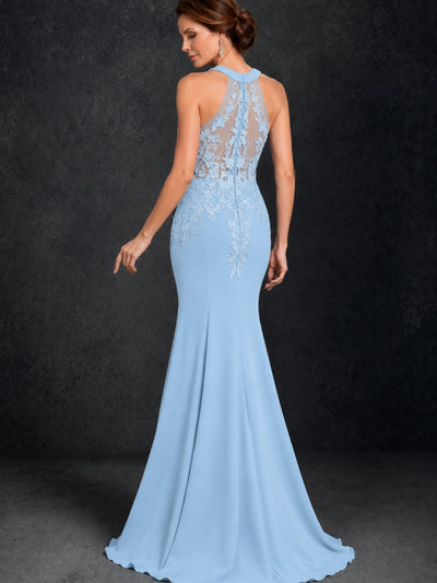 BOLODOO Light Blue Lace Applique Halter Neck Sheer Back Mermaid Maxi Dress with Sweep Train - Light Blue
