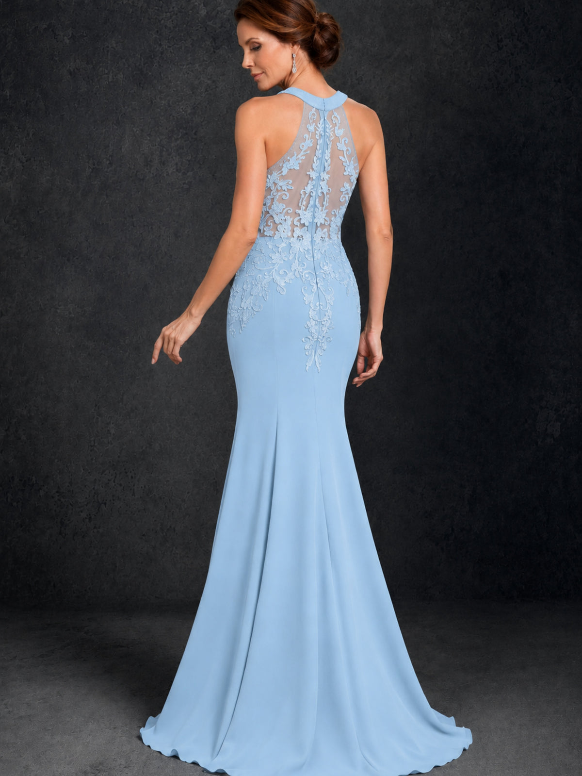 BOLODOO Light Blue Lace Applique Halter Neck Sheer Back Mermaid Maxi Dress with Sweep Train - Light Blue