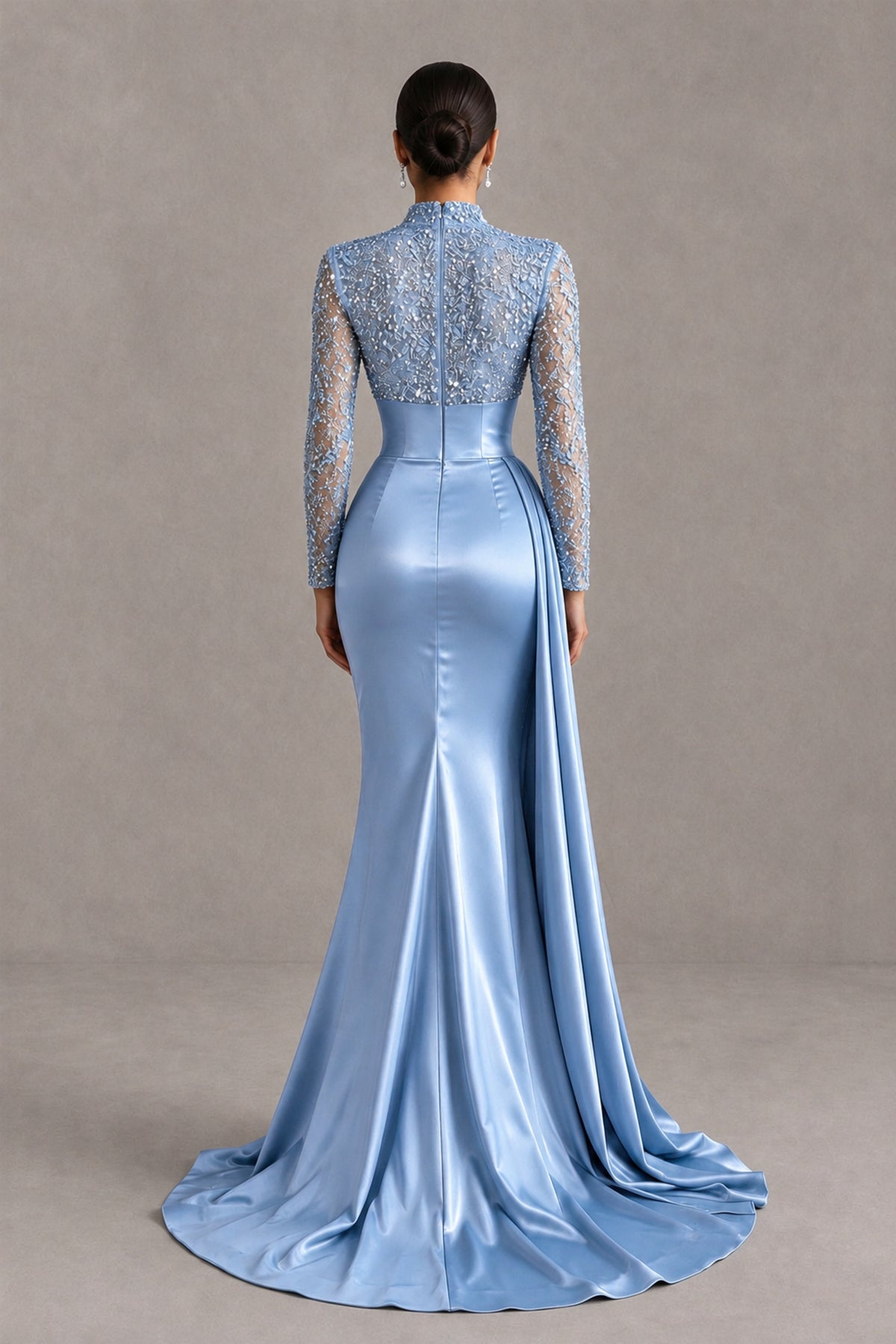 BOLODOO Light Blue Long Sleeve Embellished Satin Mermaid Evening Gown - Light Blue - Light Blue_2