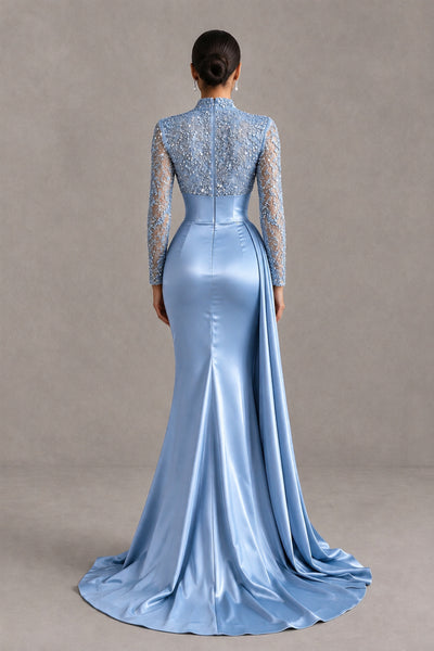 BOLODOO Light Blue Long Sleeve Embellished Satin Mermaid Evening Gown - Light Blue - Light Blue_2