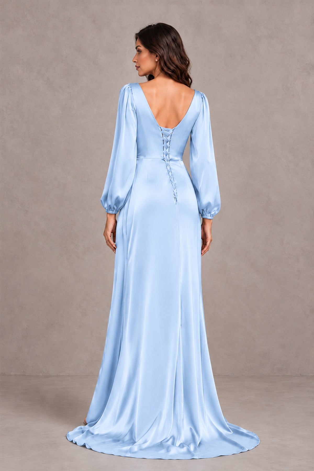 BOLODOO Light Blue Satin-Look Long Sleeve Evening Dress with High Slit - Light Blue - Light Blue_2