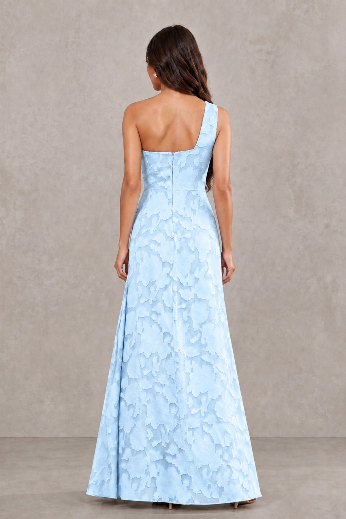 BOLODOO Light Blue One-Shoulder Floral Textured Maxi Dress with High Slit - Light Blue - Light Blue_2