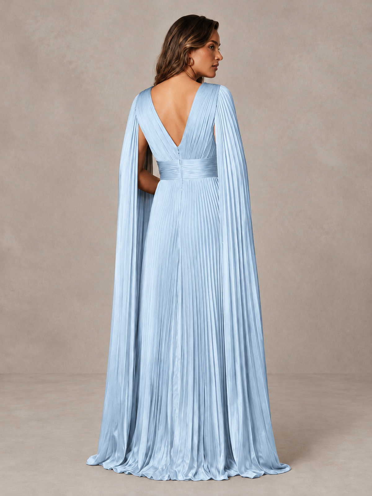 BOLODOO Light Blue Deep V-Neck Pleated Cape Sleeve Evening Gown - Light Blue - Light Blue_2