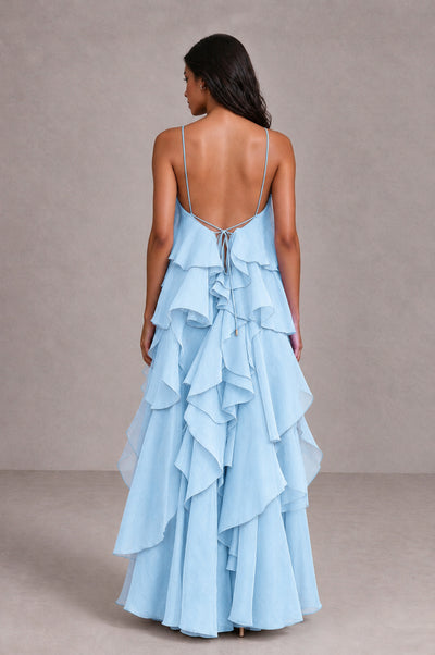 BOLODOO Light Blue Cascading Ruffle Rosette Open-Back Maxi Dress - Light Blue - Light Blue_2