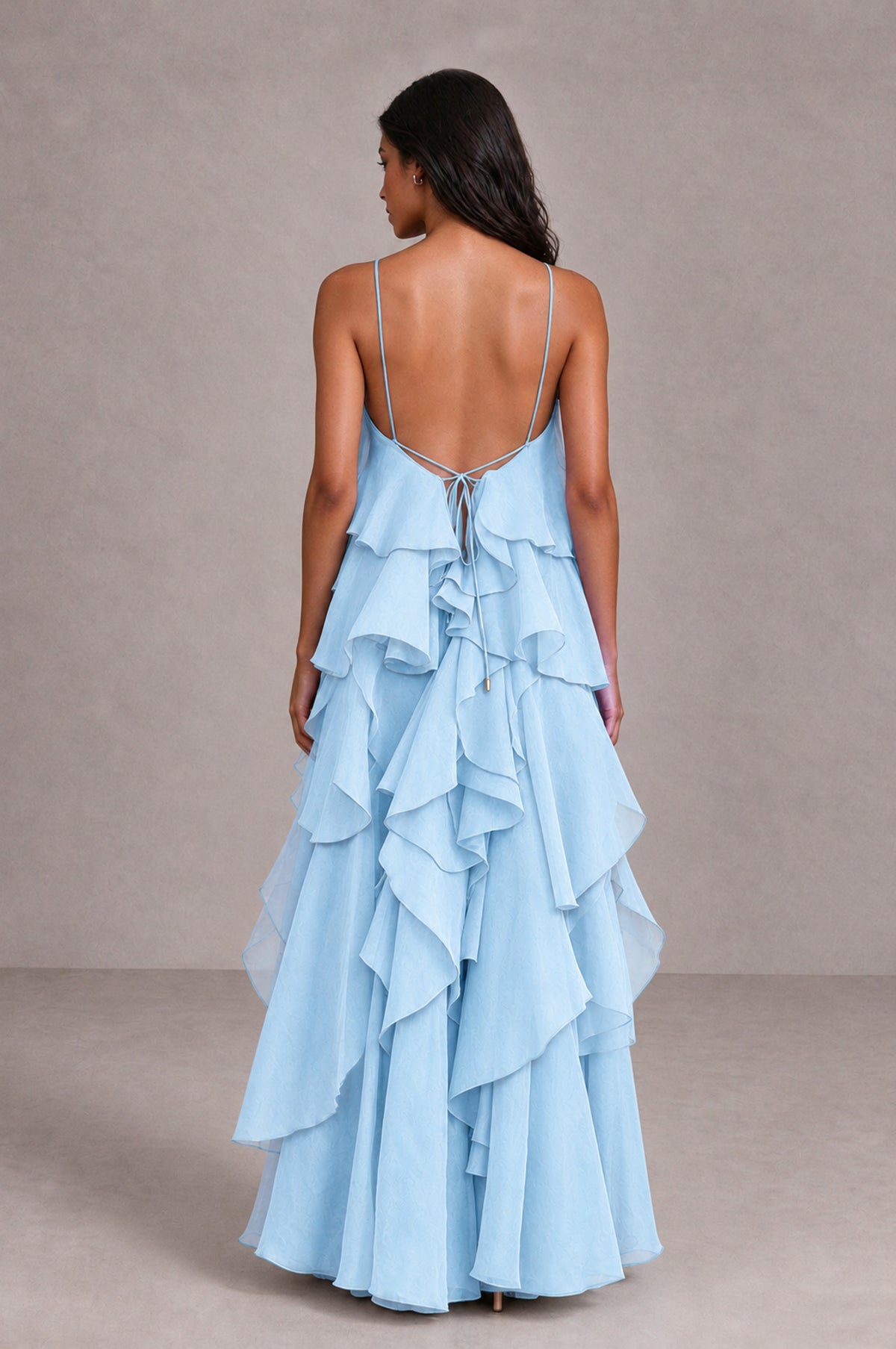 BOLODOO Light Blue Cascading Ruffle Rosette Open-Back Maxi Dress - Light Blue - Light Blue_2