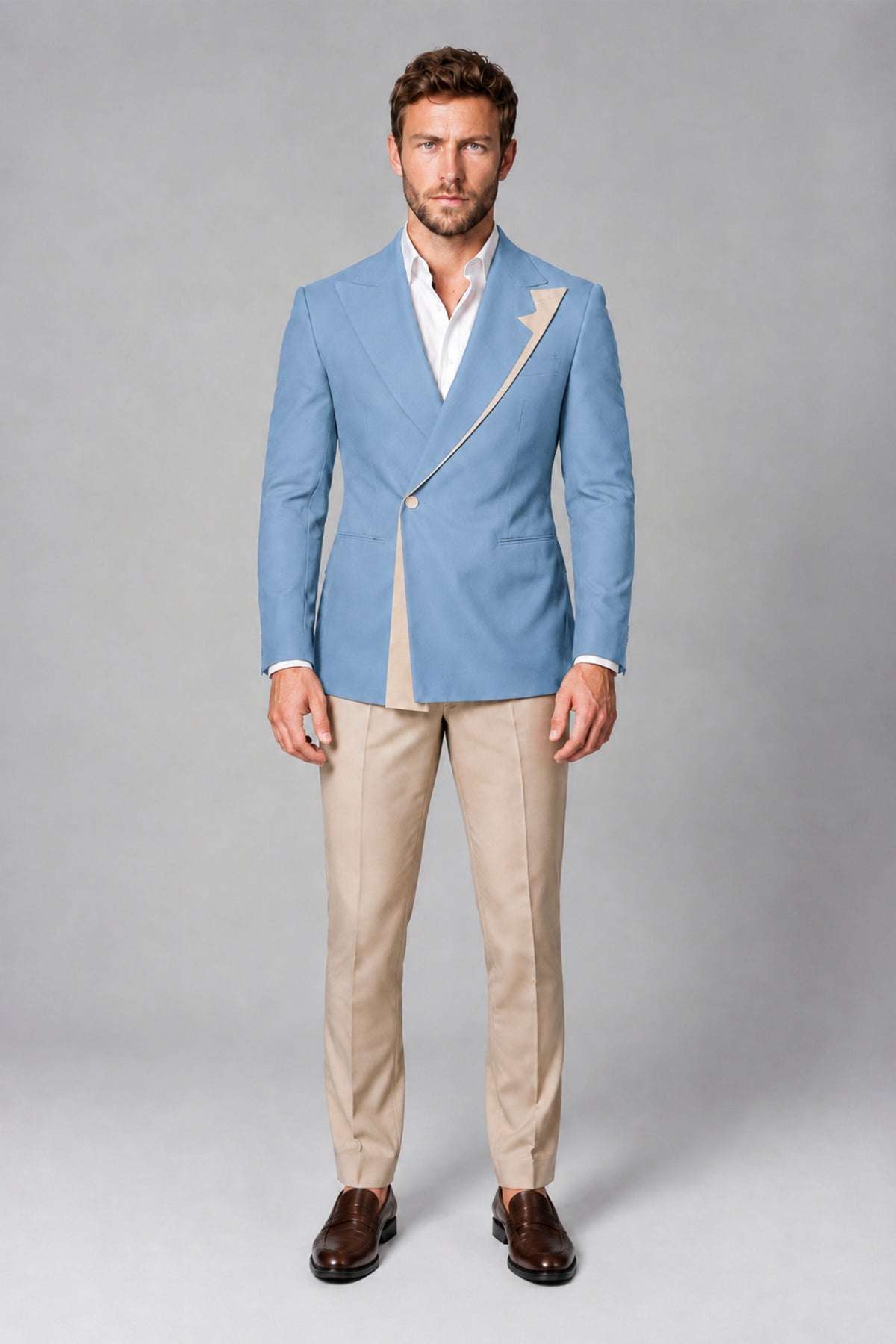 BOLODOO Men's Light Blue Double-Breasted Blazer & Khaki Trousers Tuxedo 2-Piece Suit Set - Light Blue - Light Blue_2