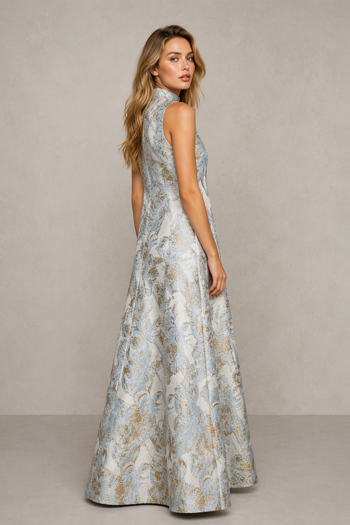 BOLODOO Light Blue Jacquard High Neck Sleeveless A-Line Maxi Dress – Wedding Guest & Formal Evening Gown - Light Blue