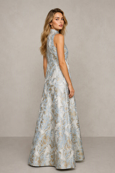 BOLODOO Light Blue Jacquard High Neck Sleeveless A-Line Maxi Dress – Wedding Guest & Formal Evening Gown - Light Blue