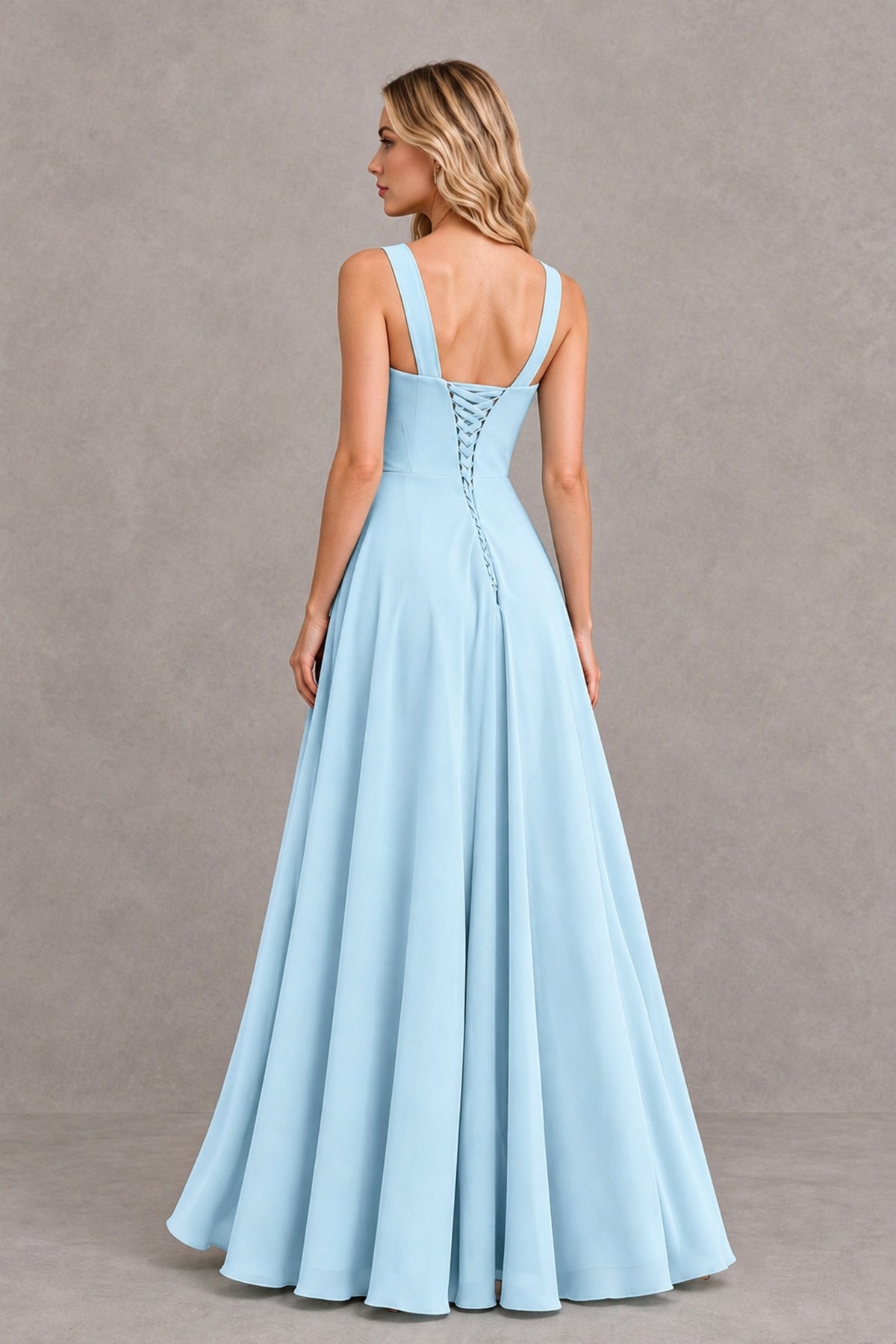 BOLODOO Light Blue Square Neck Ruffle A-Line Bridesmaid Dress with Slit - Light Blue - Light Blue_2