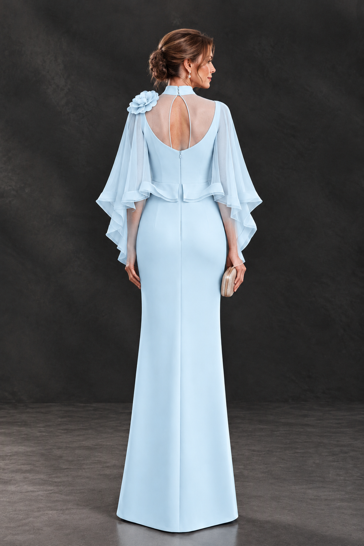 BOLODOO Light Blue Floral Cape Sleeve Mother of the Bride Dress - Light Blue - Light_Blue_2
