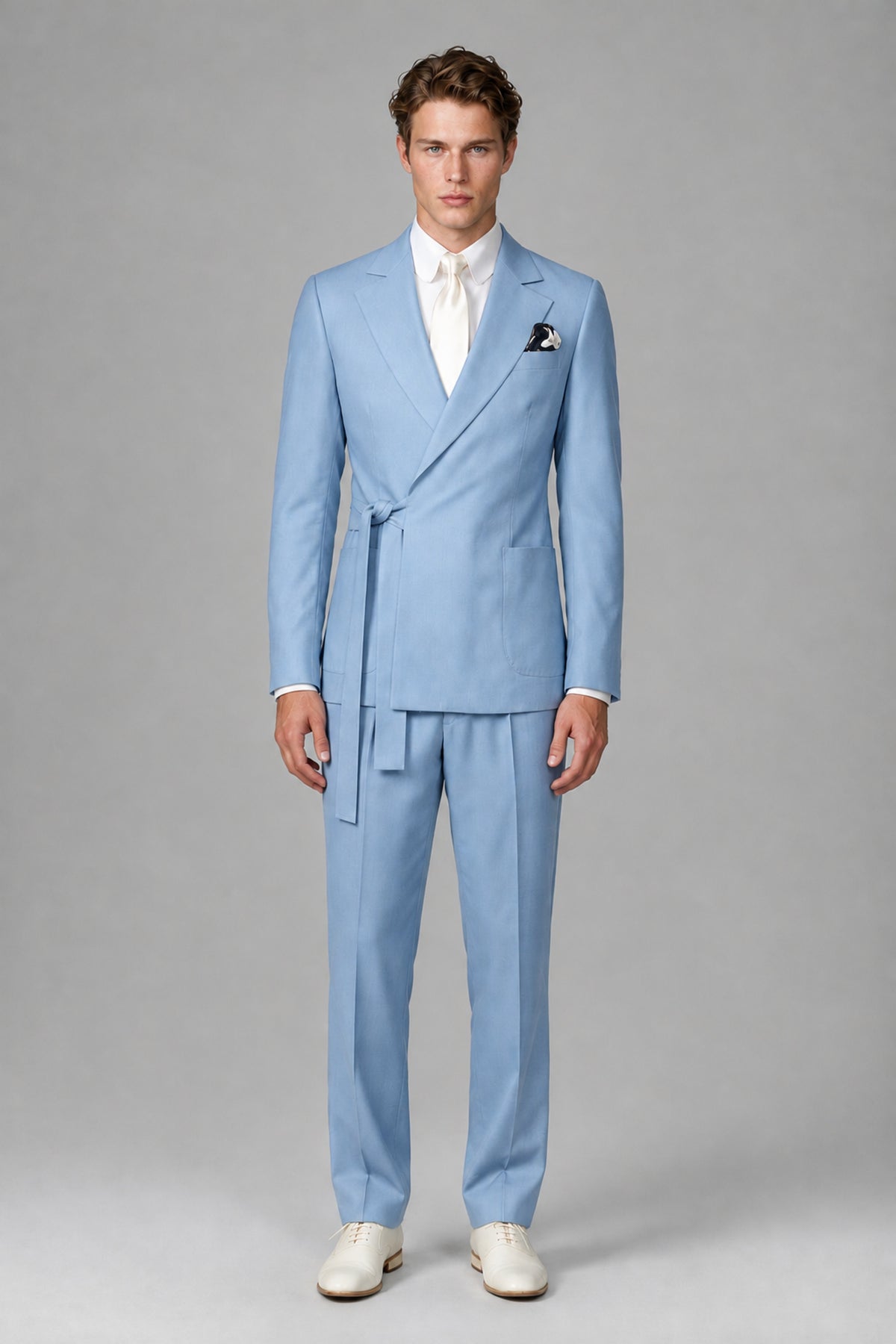 Bolodoo Men's Light Blue Wrap Tie-Waist Two-Piece Suit – Jacket & Trousers - Light Blue - Light Blue_2