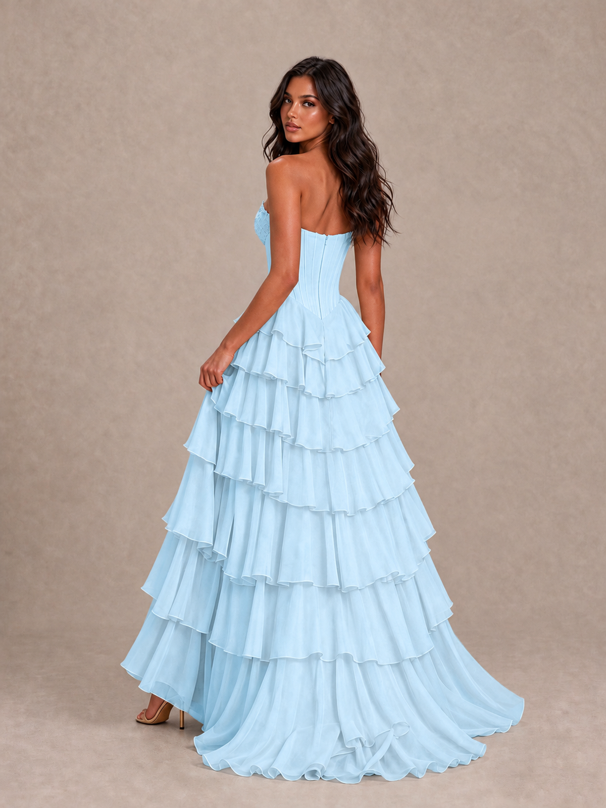 BOLODOO Light Blue Strapless Corset Tiered Ruffle Prom Dress with High Slit - Light Blue - Light Blue_2