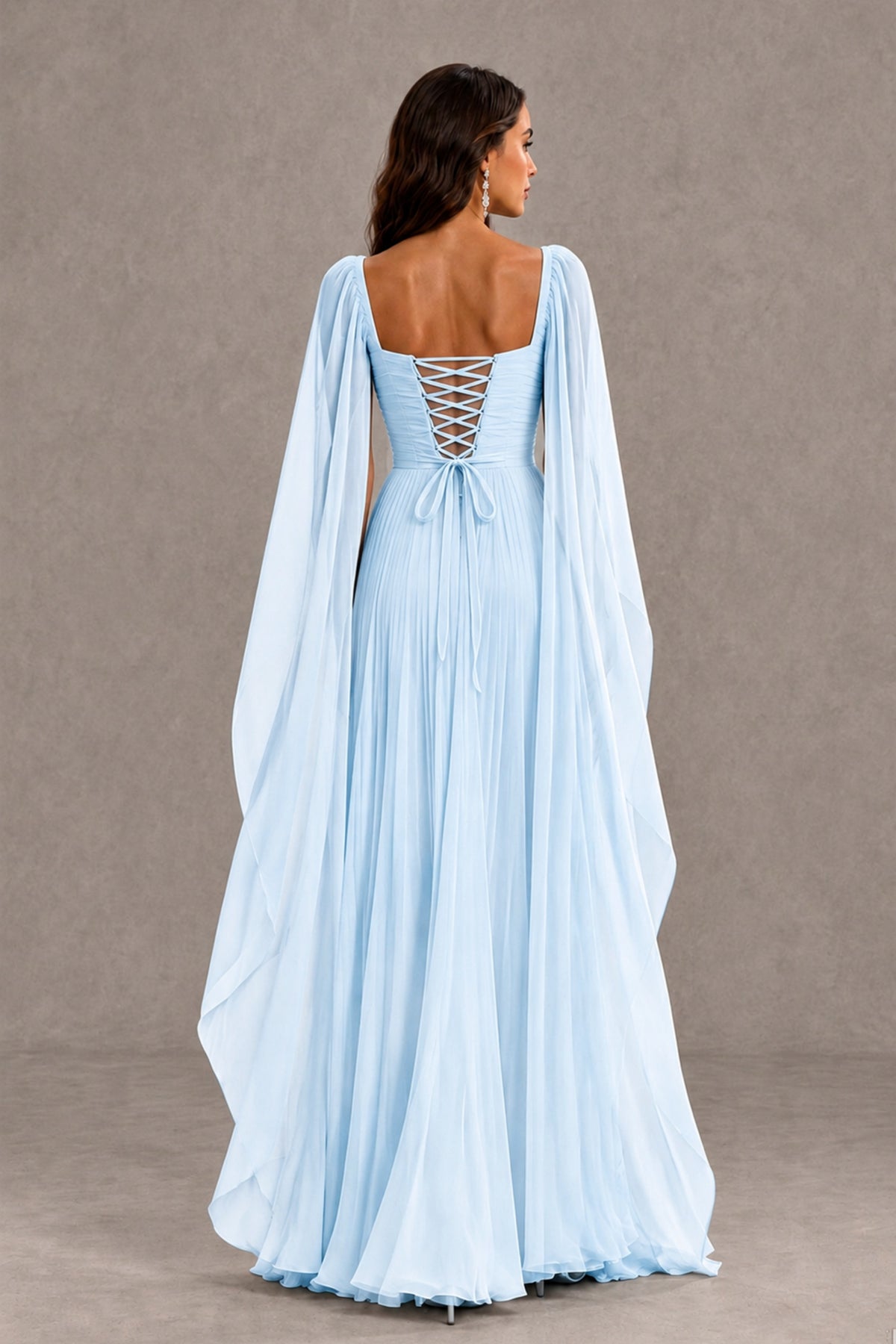 BOLODOO Light Blue Square Neck Cape Sleeve A-Line Evening Dress - Light Blue - Light_Blue_2