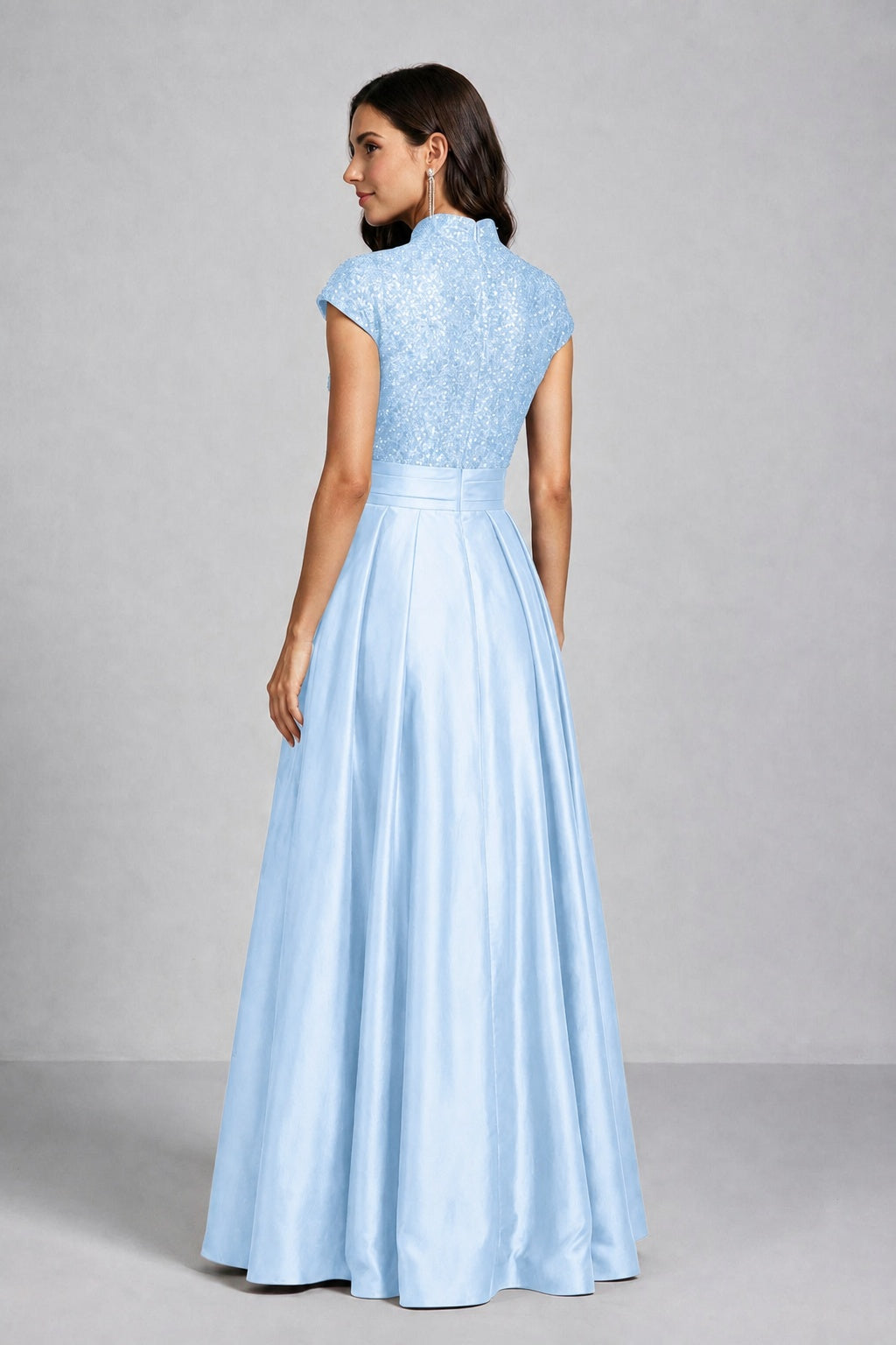 BOLODOO Light Blue Sequin Embroidered High Neck Cap Sleeve A-Line Ball Gown – Formal Evening Dress - Light Blue