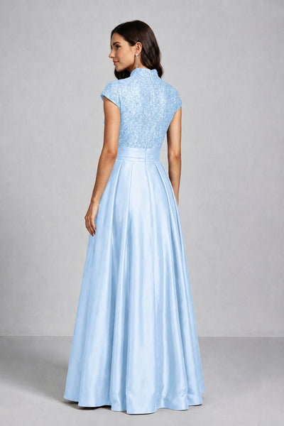 BOLODOO Light Blue Sequin Embroidered High Neck Cap Sleeve A-Line Ball Gown – Formal Evening Dress - Light Blue