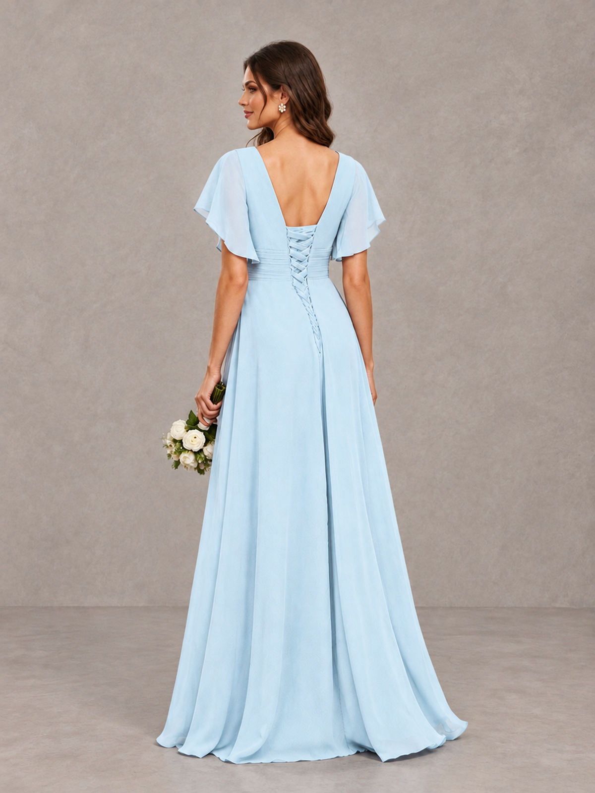 BOLODOO Light Blue Flutter Sleeve V-Neck Bridesmaid Dress with Ruffle Slit - Light Blue - Light Blue_2