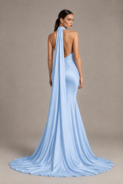 BOLODOO Light Blue One-Shoulder Satin Mermaid Evening Dress with Scarf - Light Blue - Light Blue_2