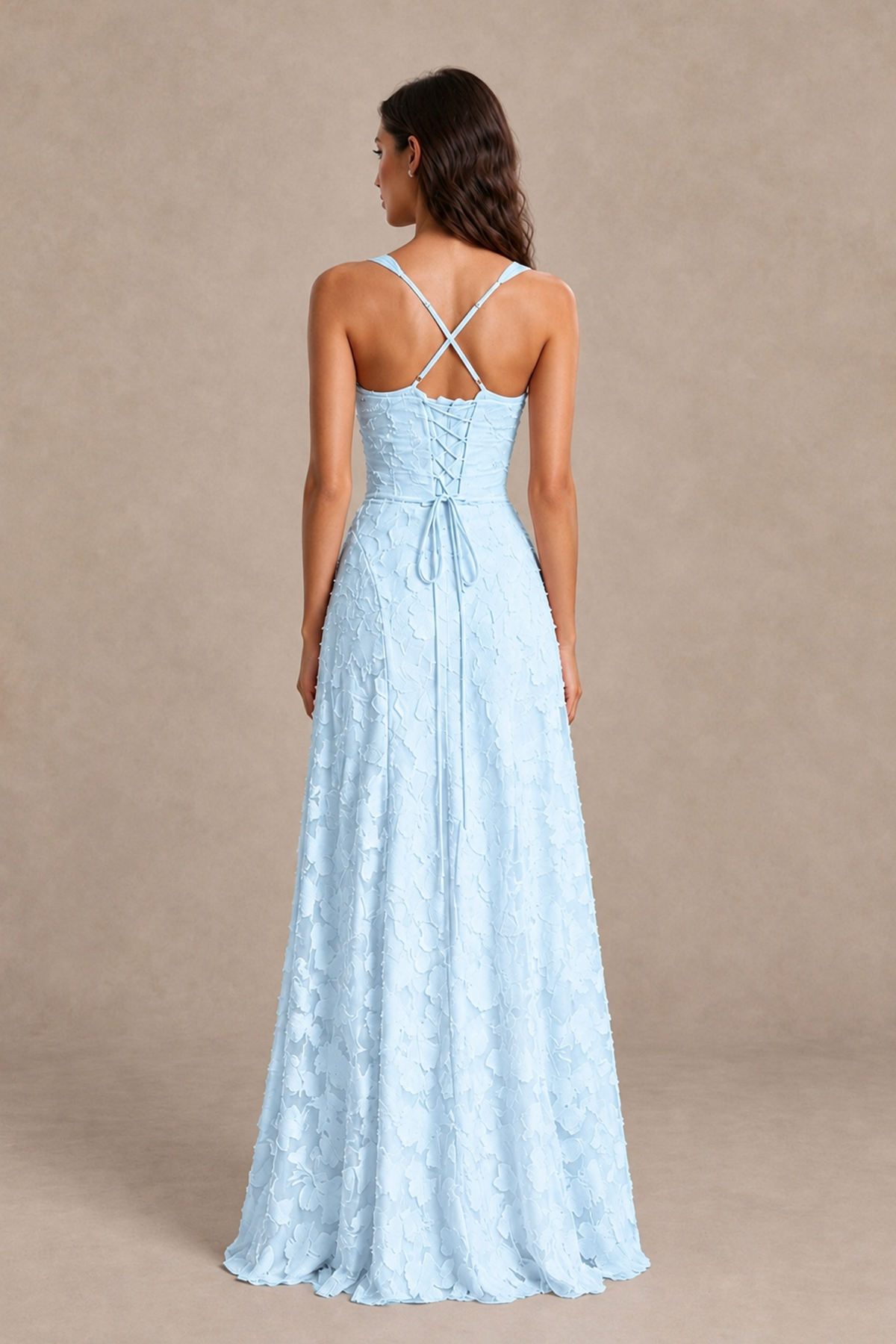 BOLODOO Light Blue Floral-Textured A-Line Dress with Lace-Up Back - Light Blue - Light Blue_2