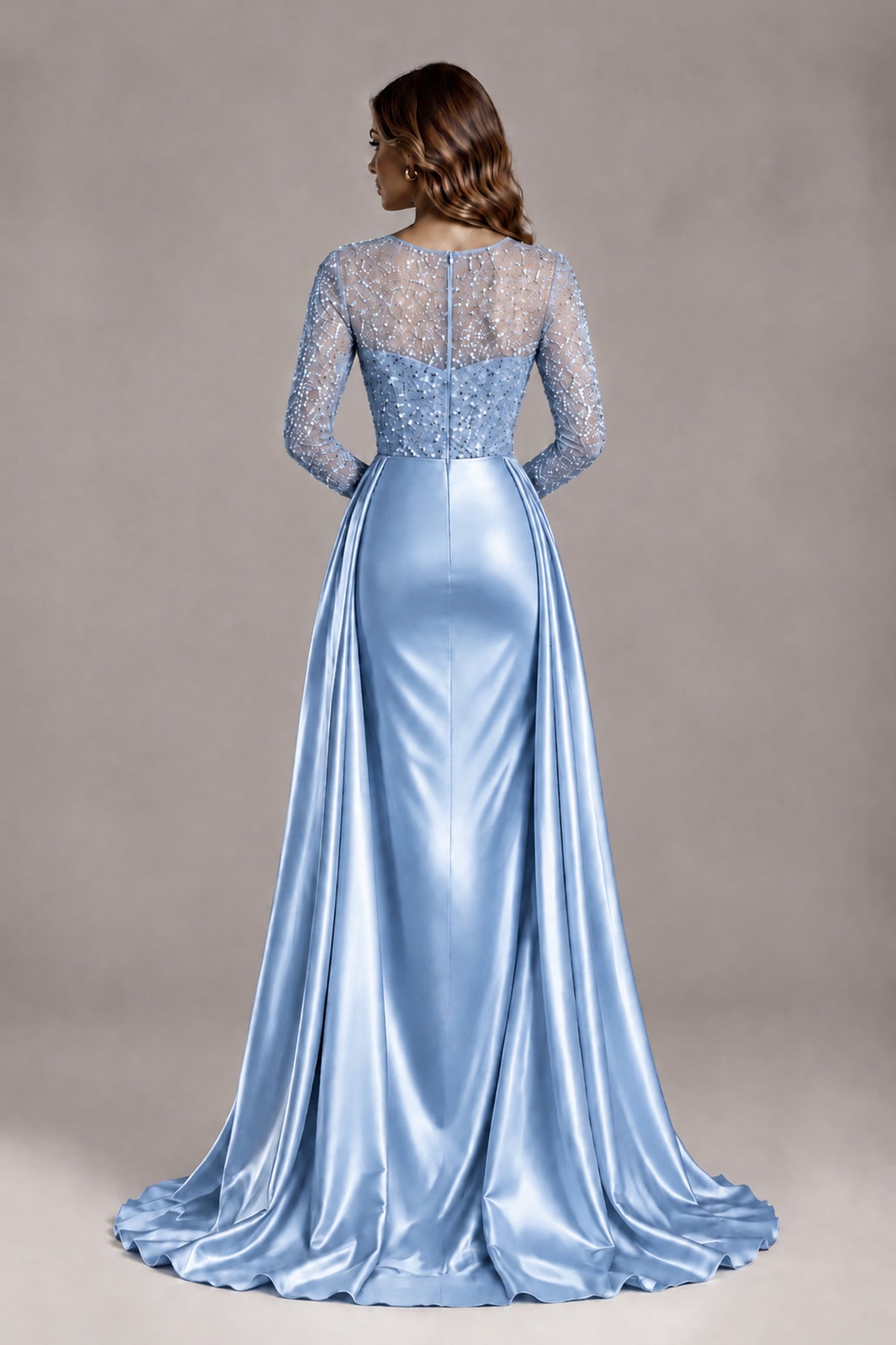 BOLODOO Light Blue Long Sleeve Embellished Satin Evening Gown with Sweep Train - Light Blue - Light Blue_2